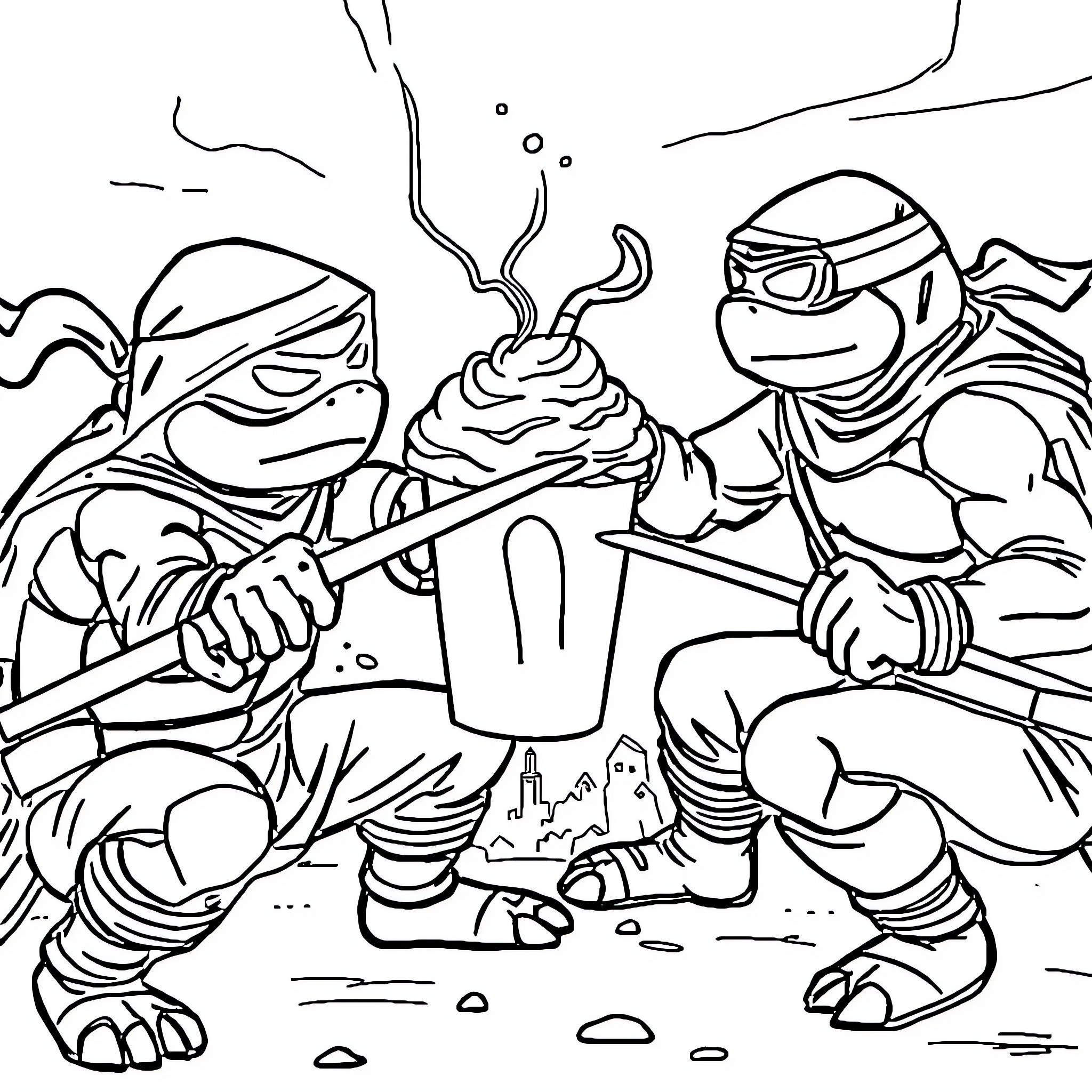 Ninja Turtles battling with swords and tools Coloring Page (free black-and-white line drawing printable PDF for all, from beginners to advanced learners, including children, teens, adults, and seniors)