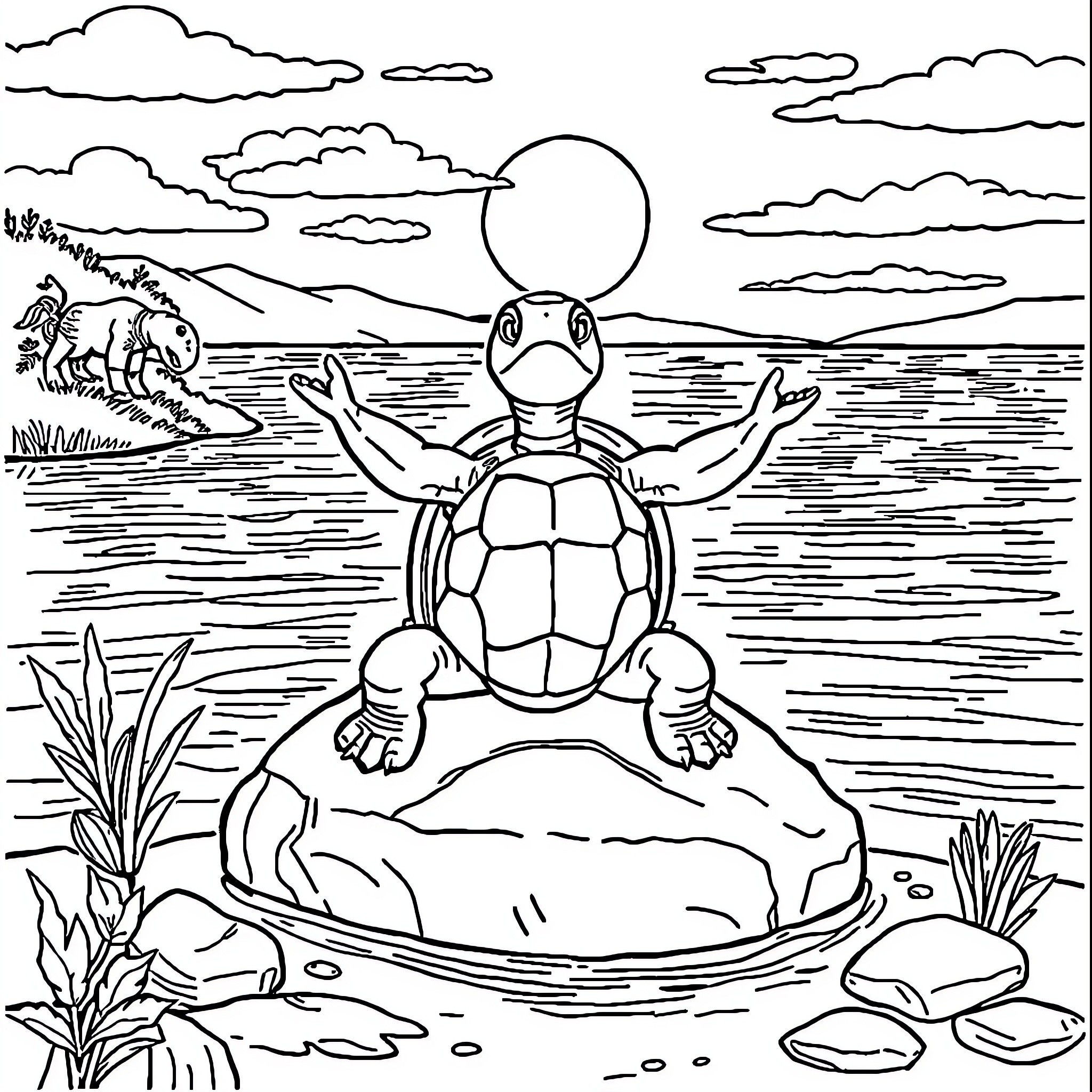 Turtle stretching on a rock by the lake Coloring Page (free black-and-white line drawing printable PDF for all, from beginners to advanced learners, including children, teens, adults, and seniors)