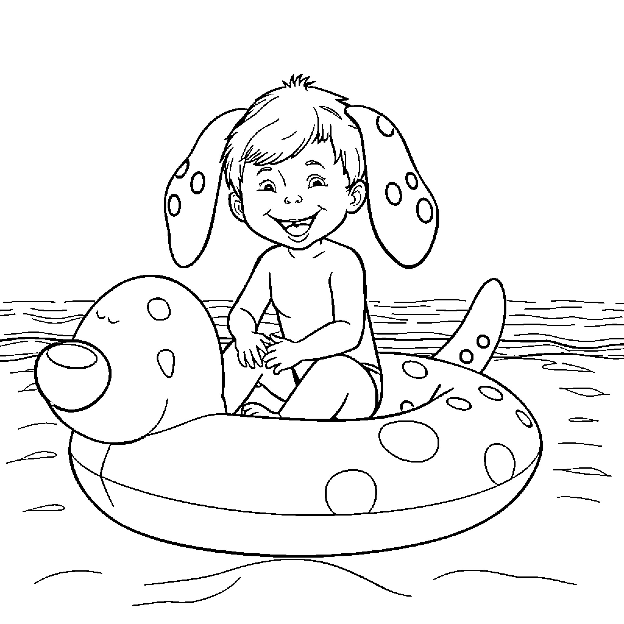 Dalmatian-themed inflatable toy with a happy child Coloring Page (free black-and-white line drawing printable PDF for all, from beginners to advanced learners, including children, teens, adults, and seniors)