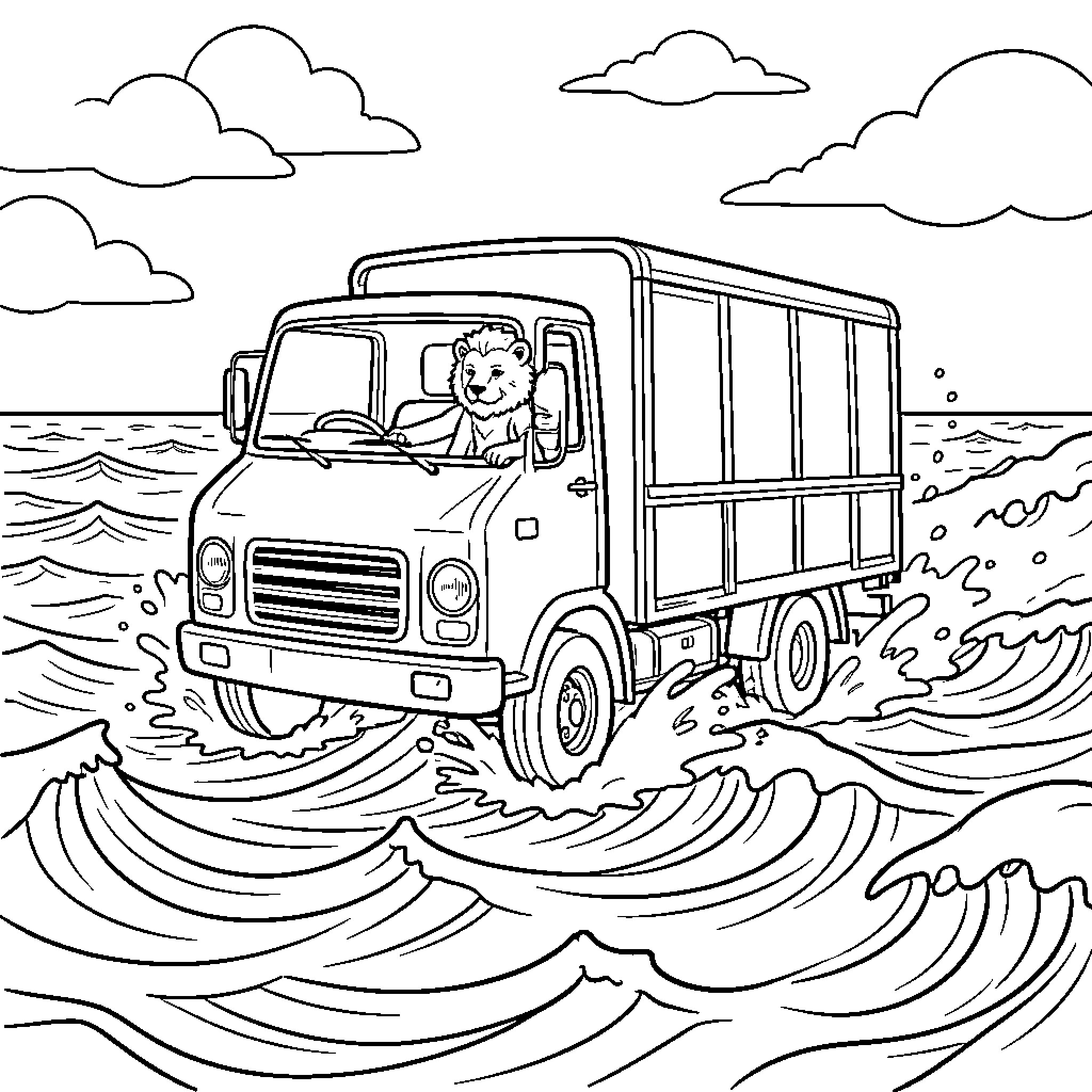 Lion driving a truck through turbulent waters Coloring Page (free black-and-white line drawing printable PDF for all, from beginners to advanced learners, including children, teens, adults, and seniors)