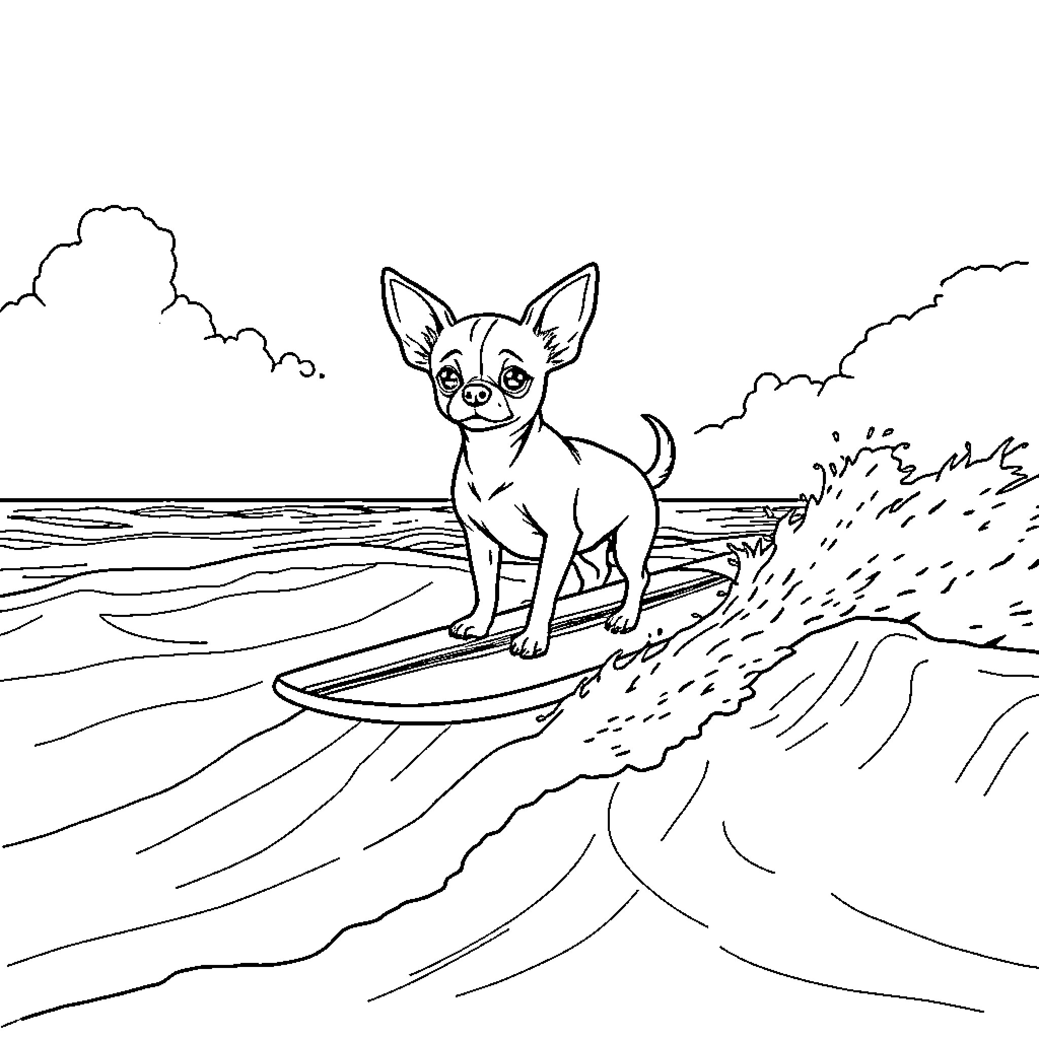 Chihuahua surfing on a wave Coloring Page (free black-and-white line drawing printable PDF for all, from beginners to advanced learners, including children, teens, adults, and seniors)
