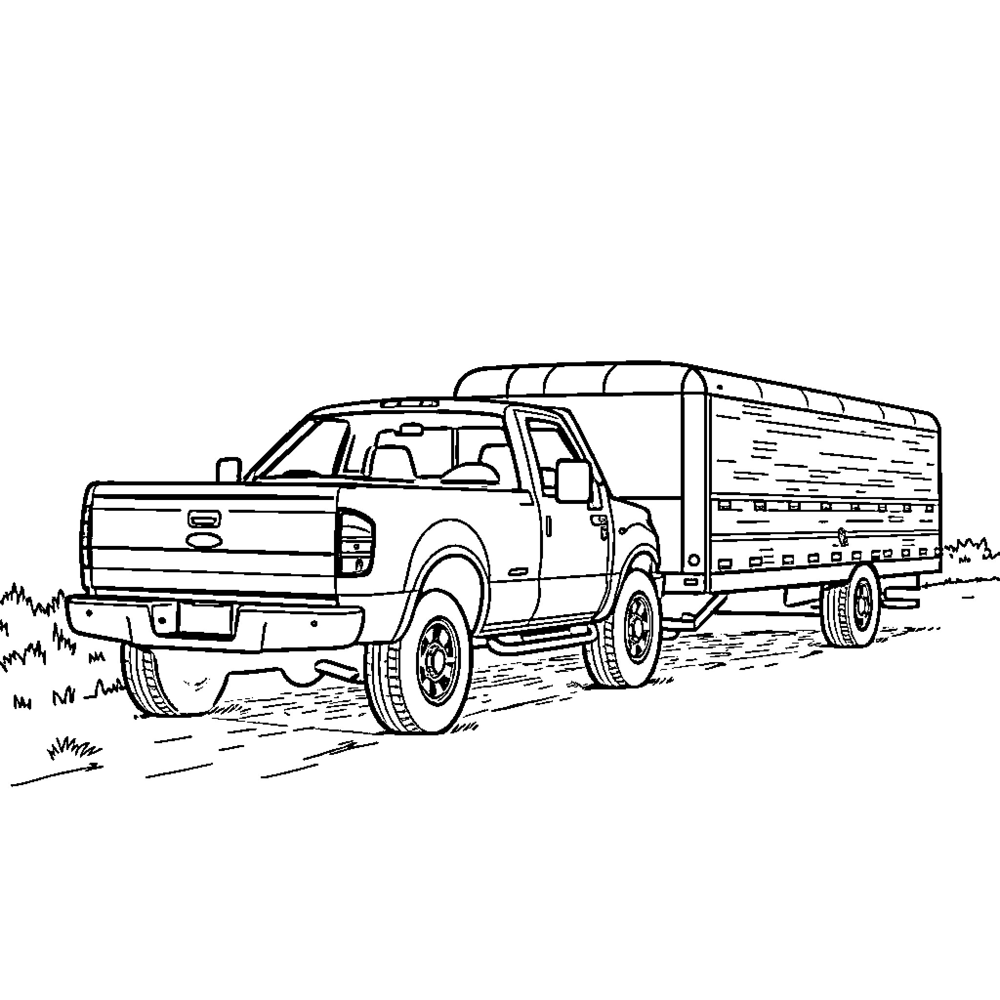 Pick Up Truck Transporting Cargo on Countryside Road Coloring Page (free black-and-white line drawing printable PDF for all, from beginners to advanced learners, including children, teens, adults, and seniors)
