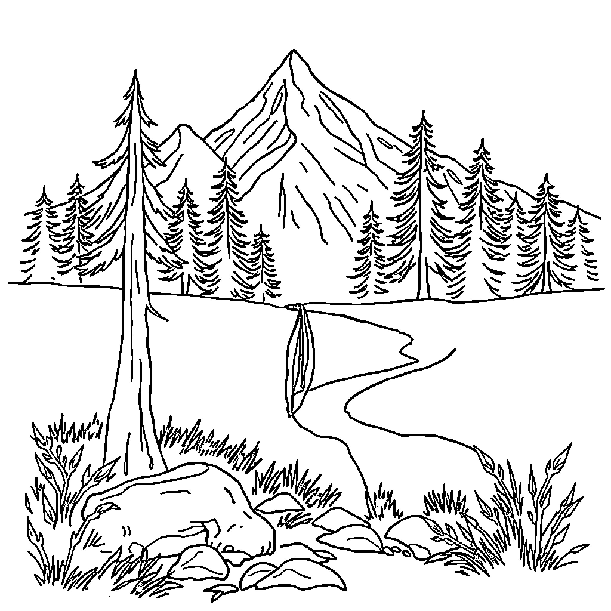 Scout explores majestic mountain landscapes Coloring Page (free black-and-white line drawing printable PDF for all, from beginners to advanced learners, including children, teens, adults, and seniors)