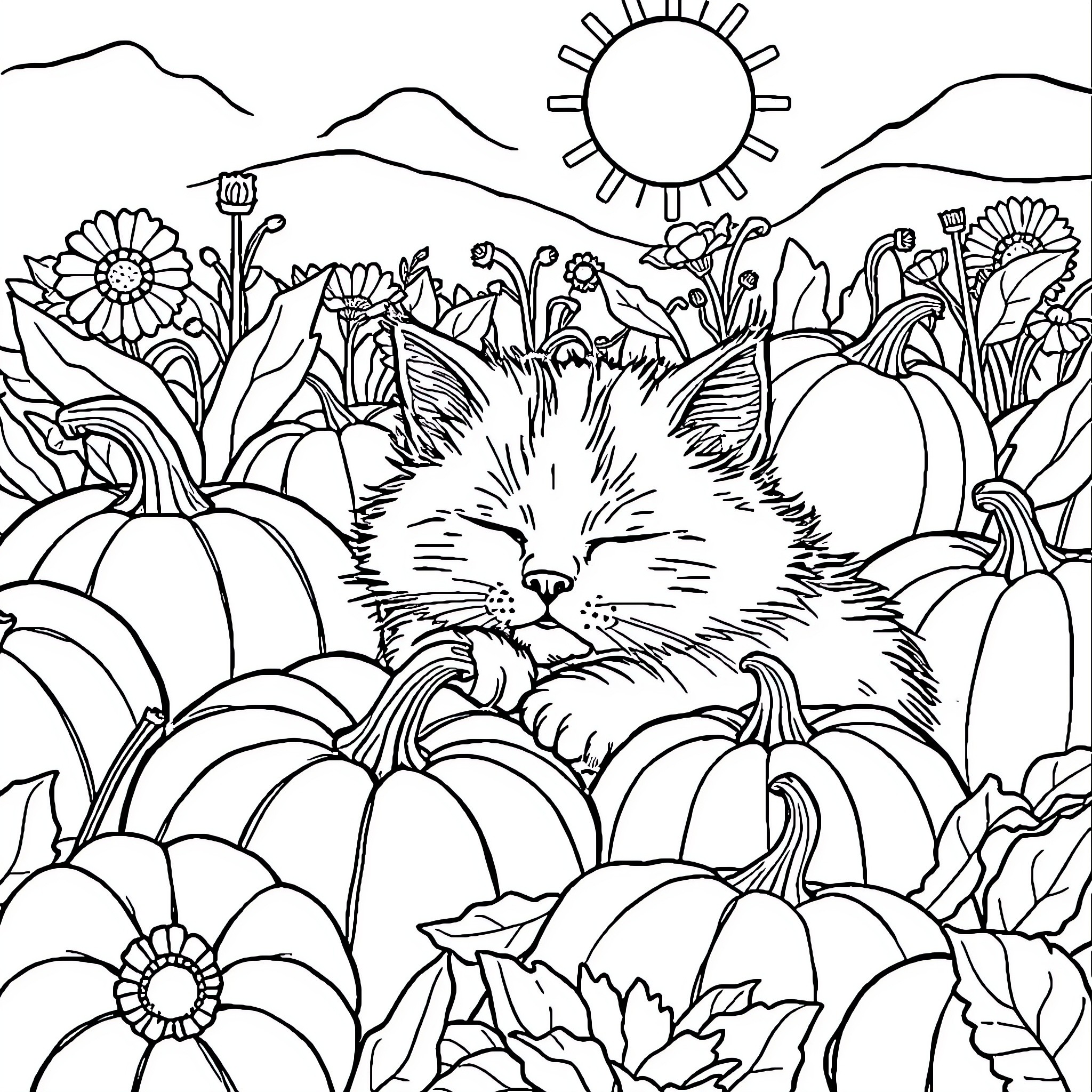 Cat resting peacefully in autumn garden Coloring Page (free black-and-white line drawing printable PDF for all, from beginners to advanced learners, including children, teens, adults, and seniors)