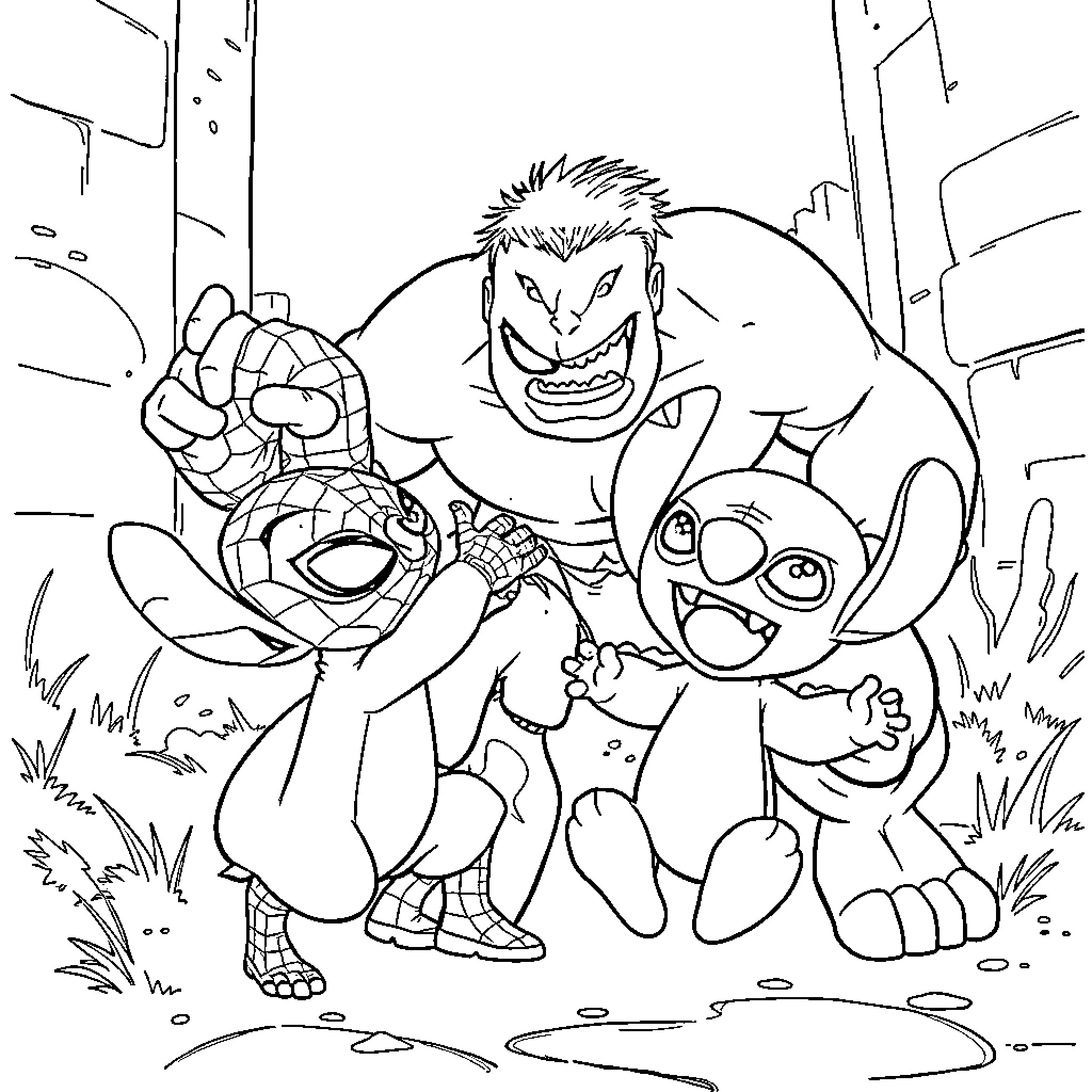 Spiderman posing heroically with Stitch and Hulk Coloring Page (free black-and-white line drawing printable PDF for all, from beginners to advanced learners, including children, teens, adults, and seniors)