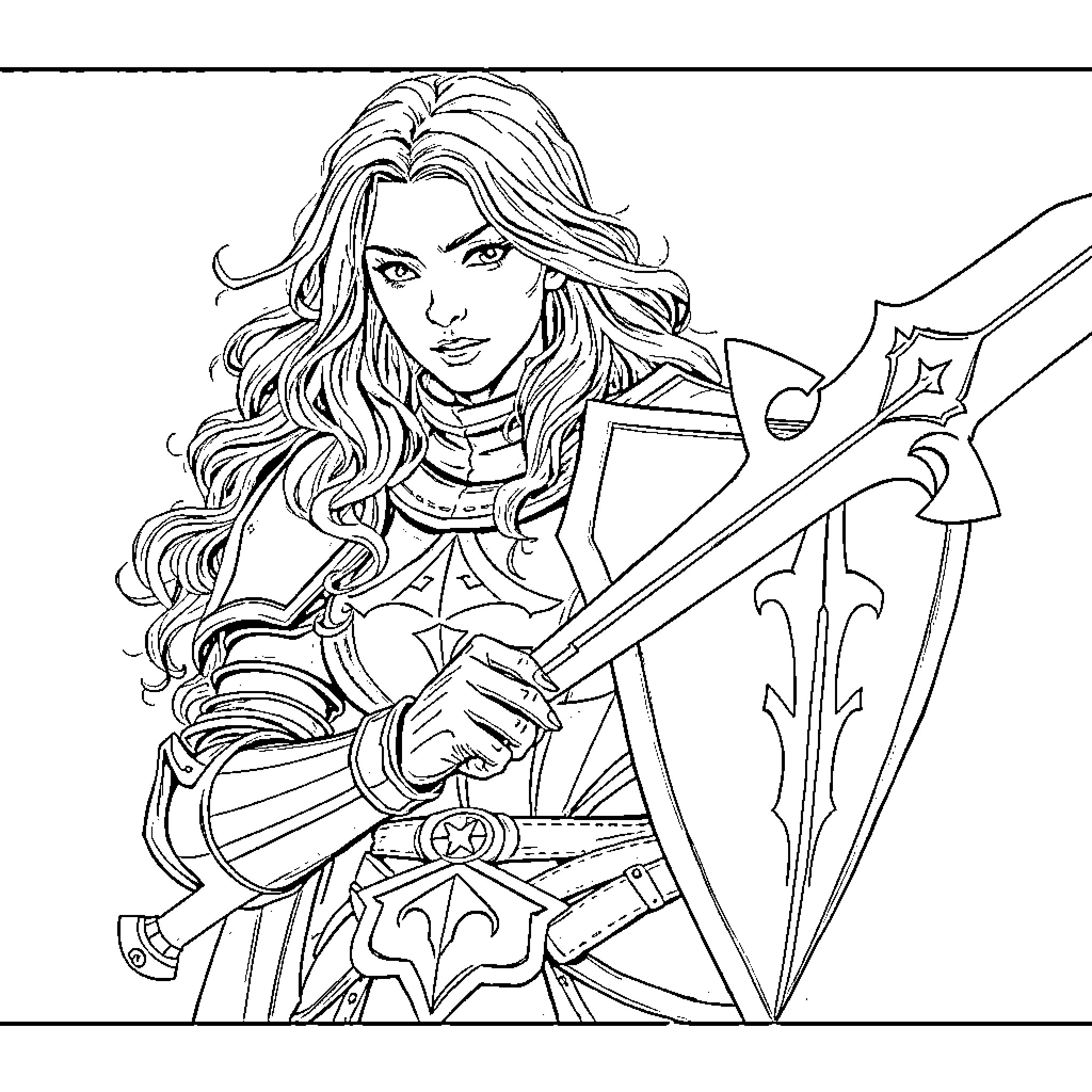 Knight in Shining Armor Brandishing Sword Heroically Coloring Page (free black-and-white line drawing printable PDF for all, from beginners to advanced learners, including children, teens, adults, and seniors)