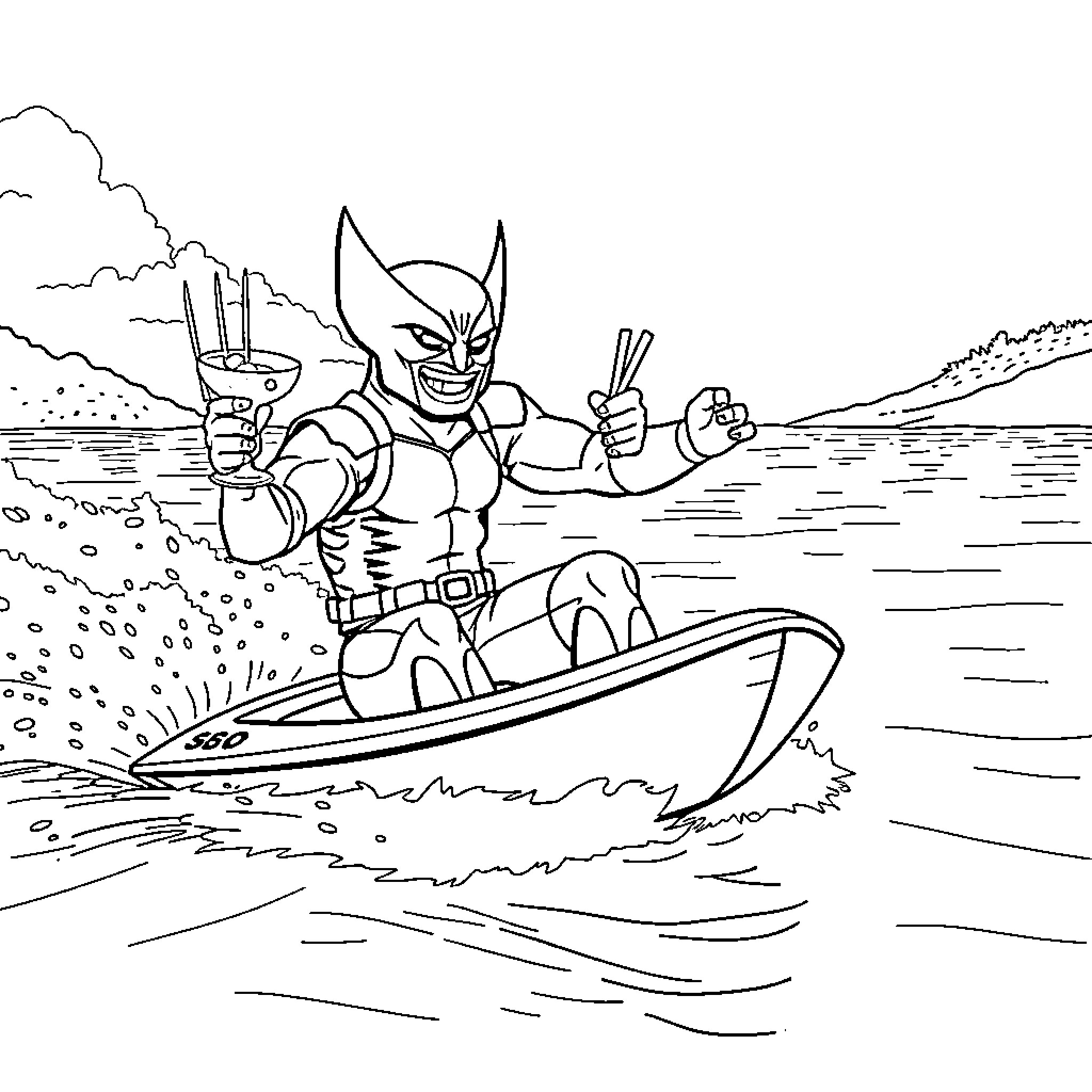 Wolverine riding a speedboat on the water Coloring Page (free black-and-white line drawing printable PDF for all, from beginners to advanced learners, including children, teens, adults, and seniors)