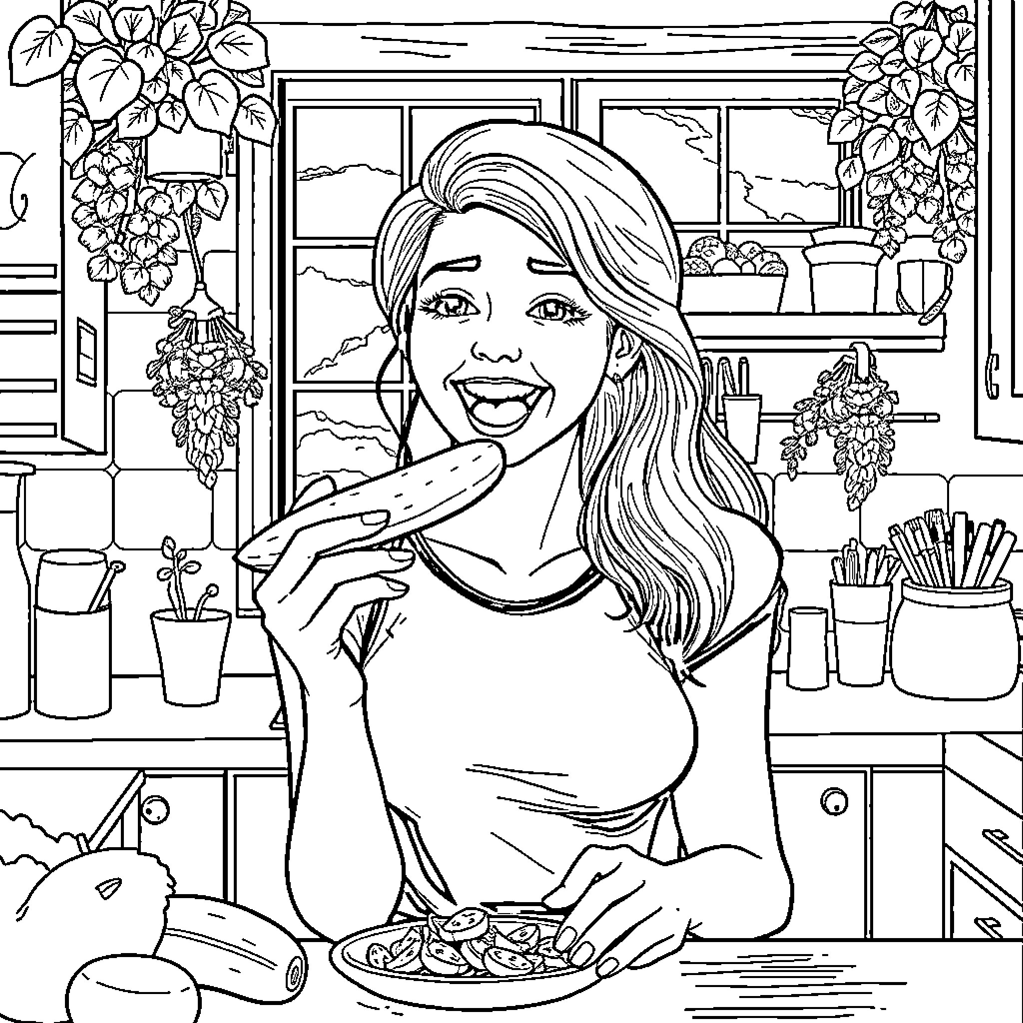 Woman enjoying a meal in the kitchen Coloring Page (free black-and-white line drawing printable PDF for all, from beginners to advanced learners, including children, teens, adults, and seniors)