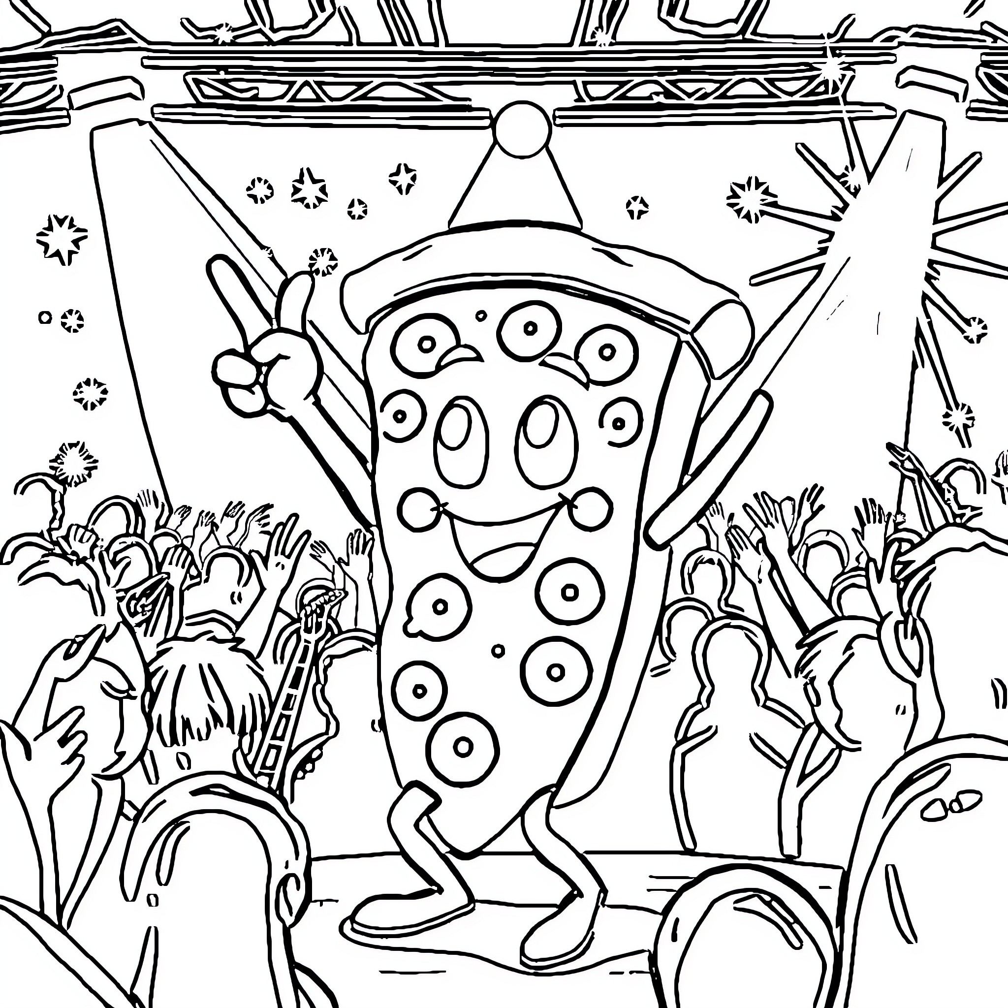 Pizza Party with Colorful Characters Coloring Page (free black-and-white line drawing printable PDF for all, from beginners to advanced learners, including children, teens, adults, and seniors)