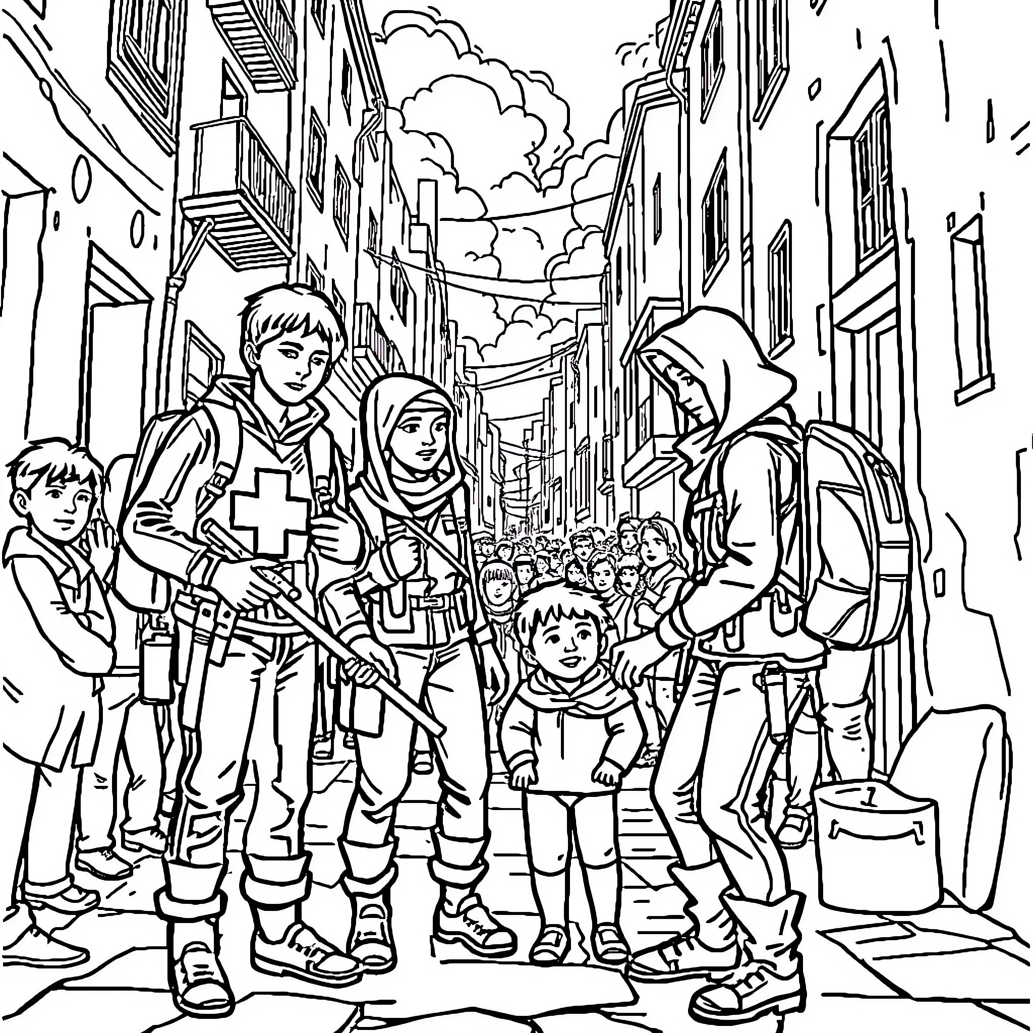 Cruz Roja Humanitarian Aid Workers Assisting People Coloring Page (free black-and-white line drawing printable PDF for all, from beginners to advanced learners, including children, teens, adults, and seniors)