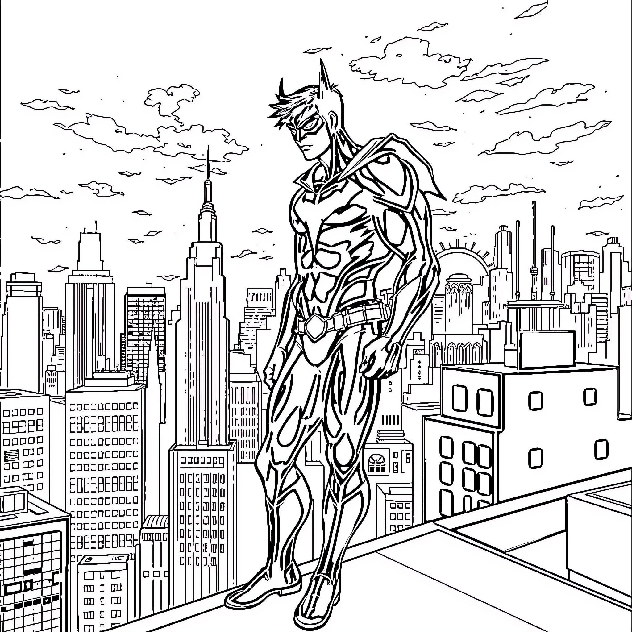 Nightwing overlooking the city in heroic pose Coloring Page (free black-and-white line drawing printable PDF for all, from beginners to advanced learners, including children, teens, adults, and seniors)