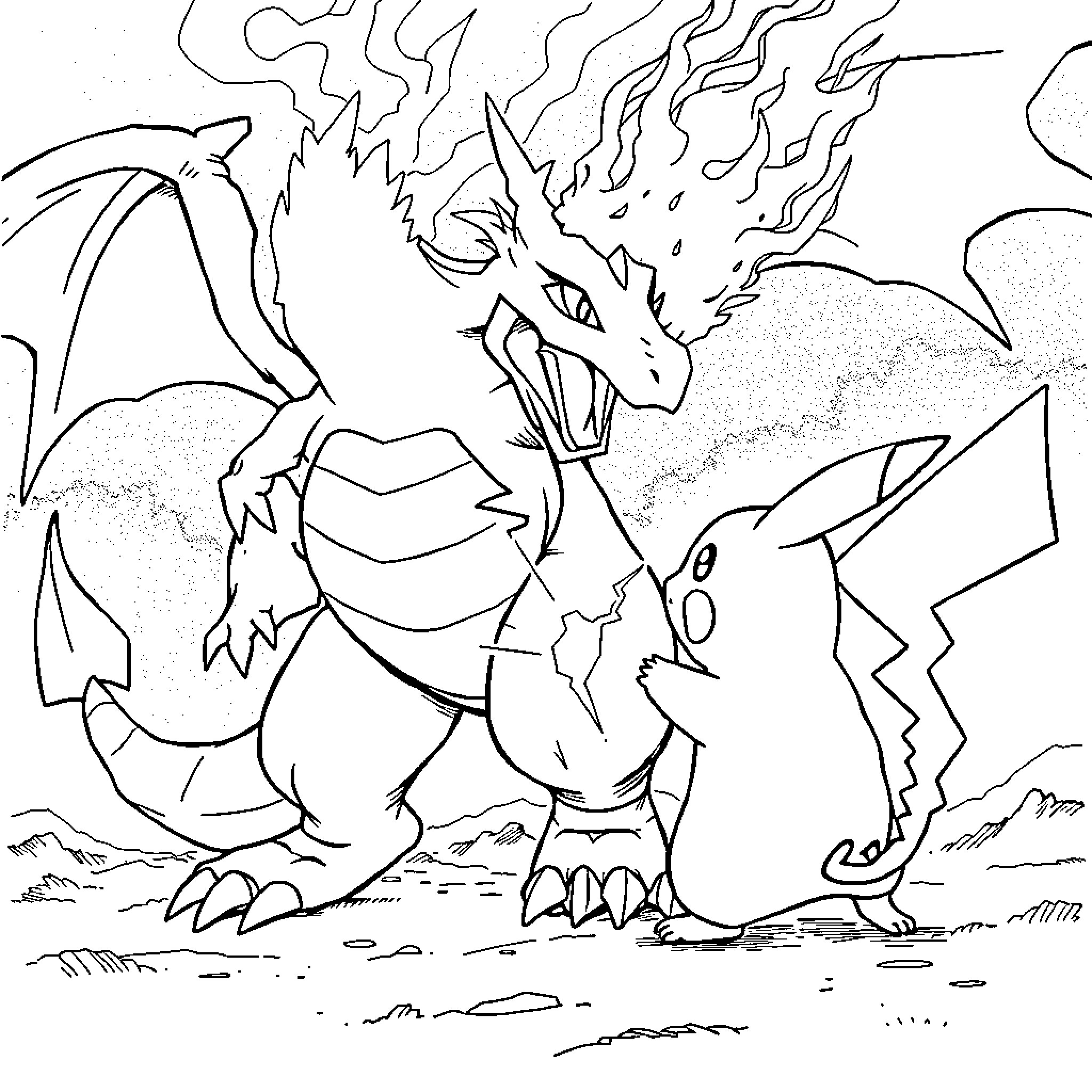 Pikachu confronting a fierce dragon Coloring Page (free black-and-white line drawing printable PDF for all, from beginners to advanced learners, including children, teens, adults, and seniors)