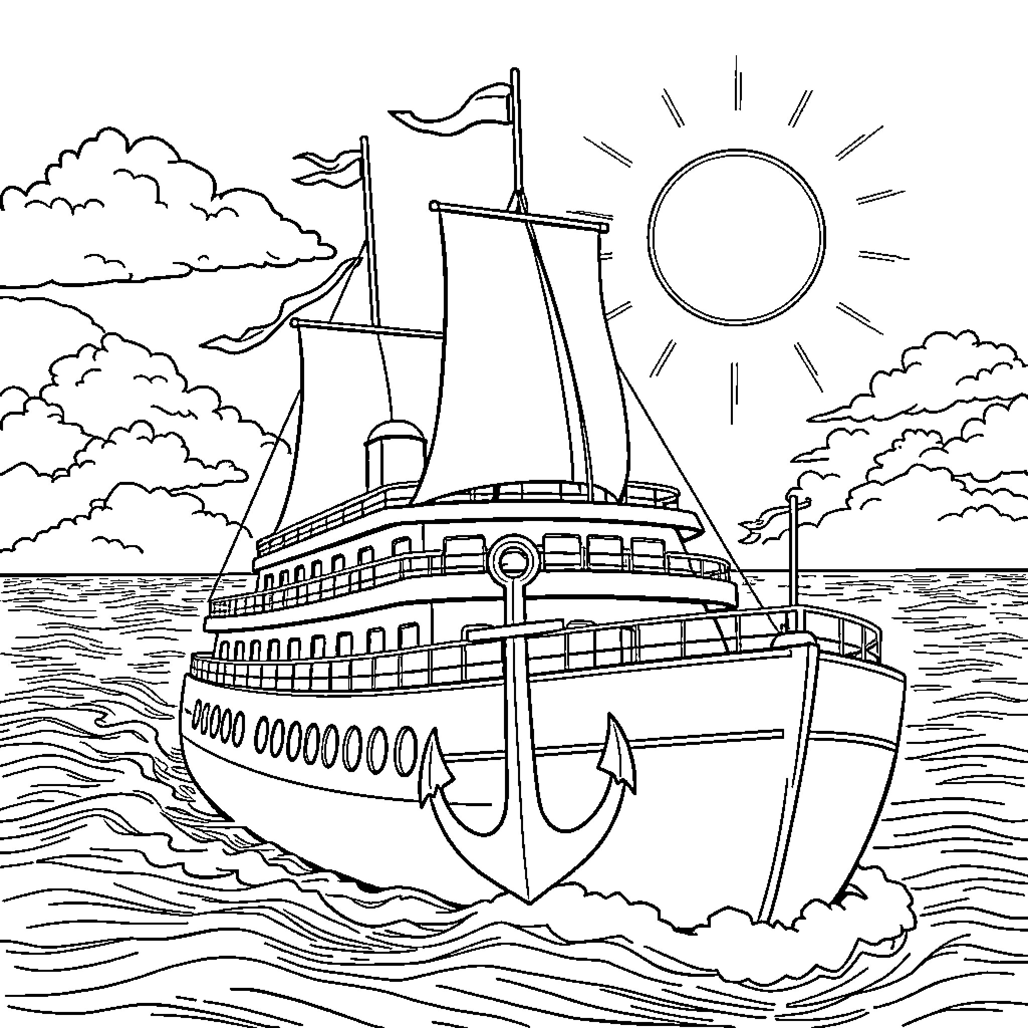 Ship sailing on the open sea Coloring Page (free black-and-white line drawing printable PDF for all, from beginners to advanced learners, including children, teens, adults, and seniors)