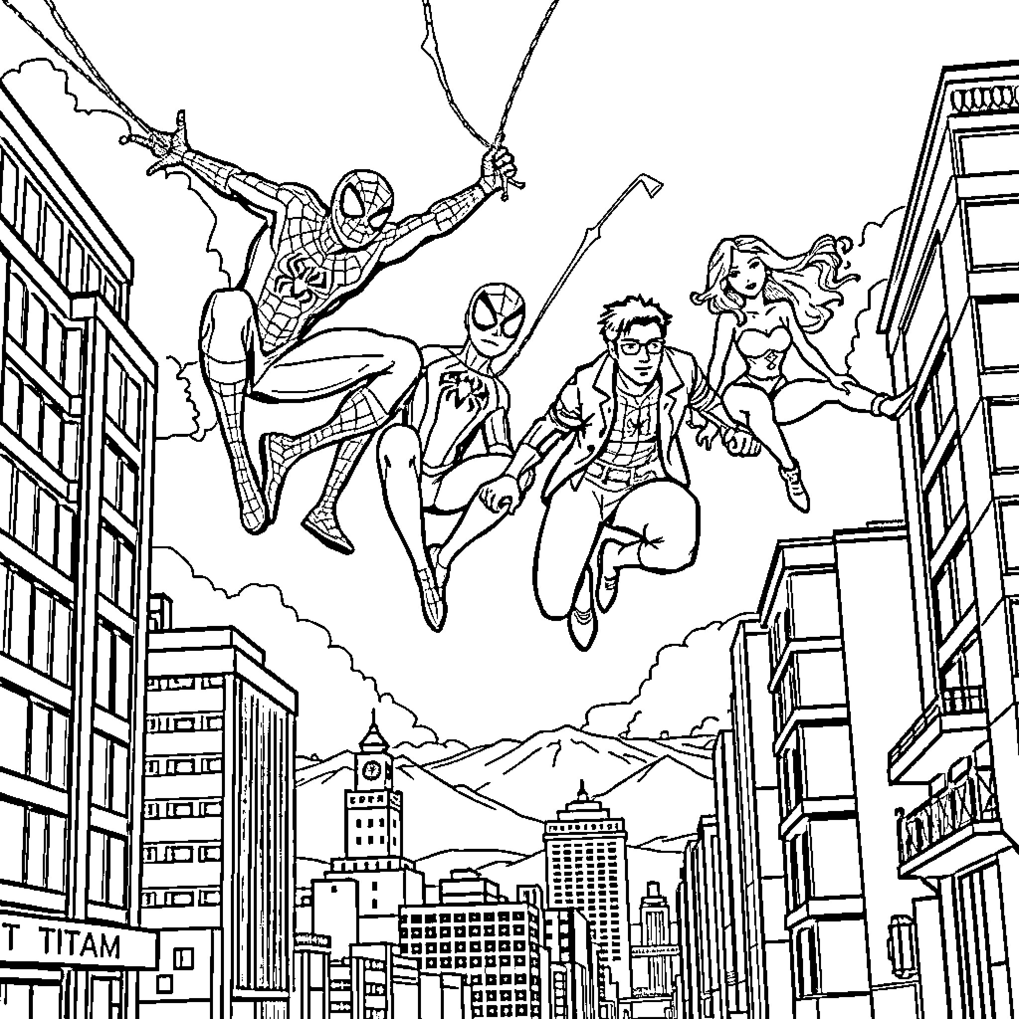 Spider-Man team swinging through the city Coloring Page (free black-and-white line drawing printable PDF for all, from beginners to advanced learners, including children, teens, adults, and seniors)