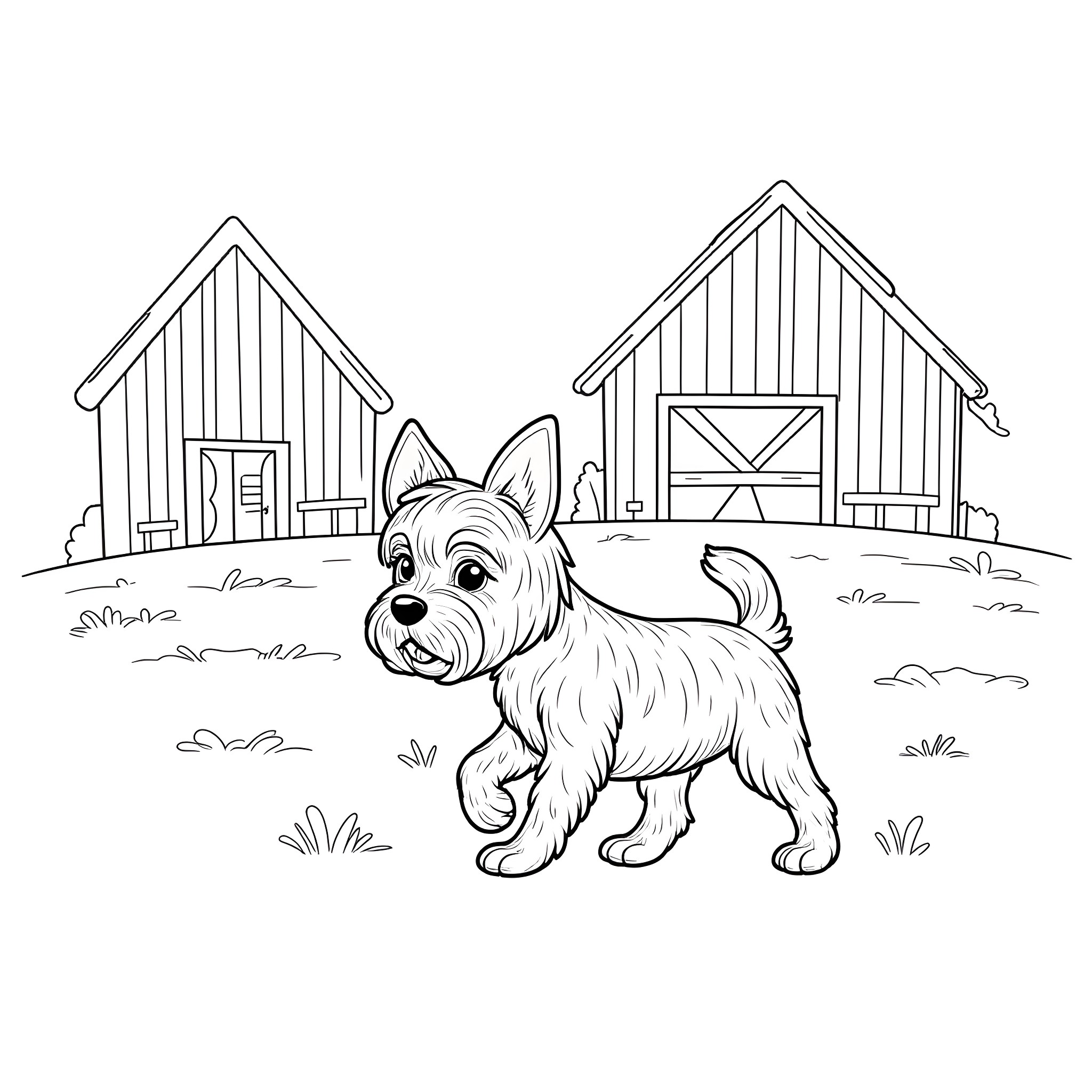 Yorkie exploring the countryside Coloring Page (free black-and-white line drawing printable PDF for all, from beginners to advanced learners, including children, teens, adults, and seniors)