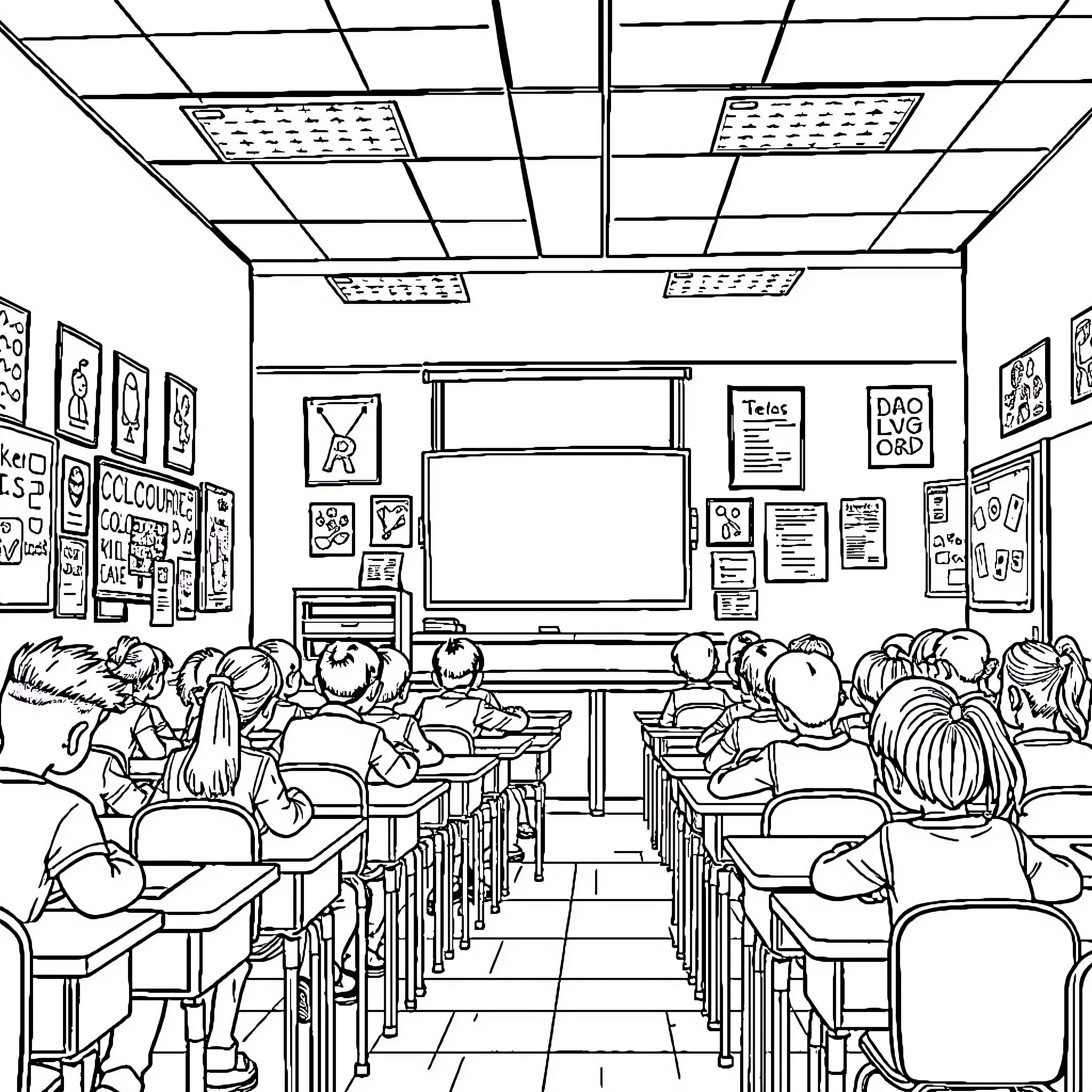 Classroom filled with studious students Coloring Page (free black-and-white line drawing printable PDF for all, from beginners to advanced learners, including children, teens, adults, and seniors)