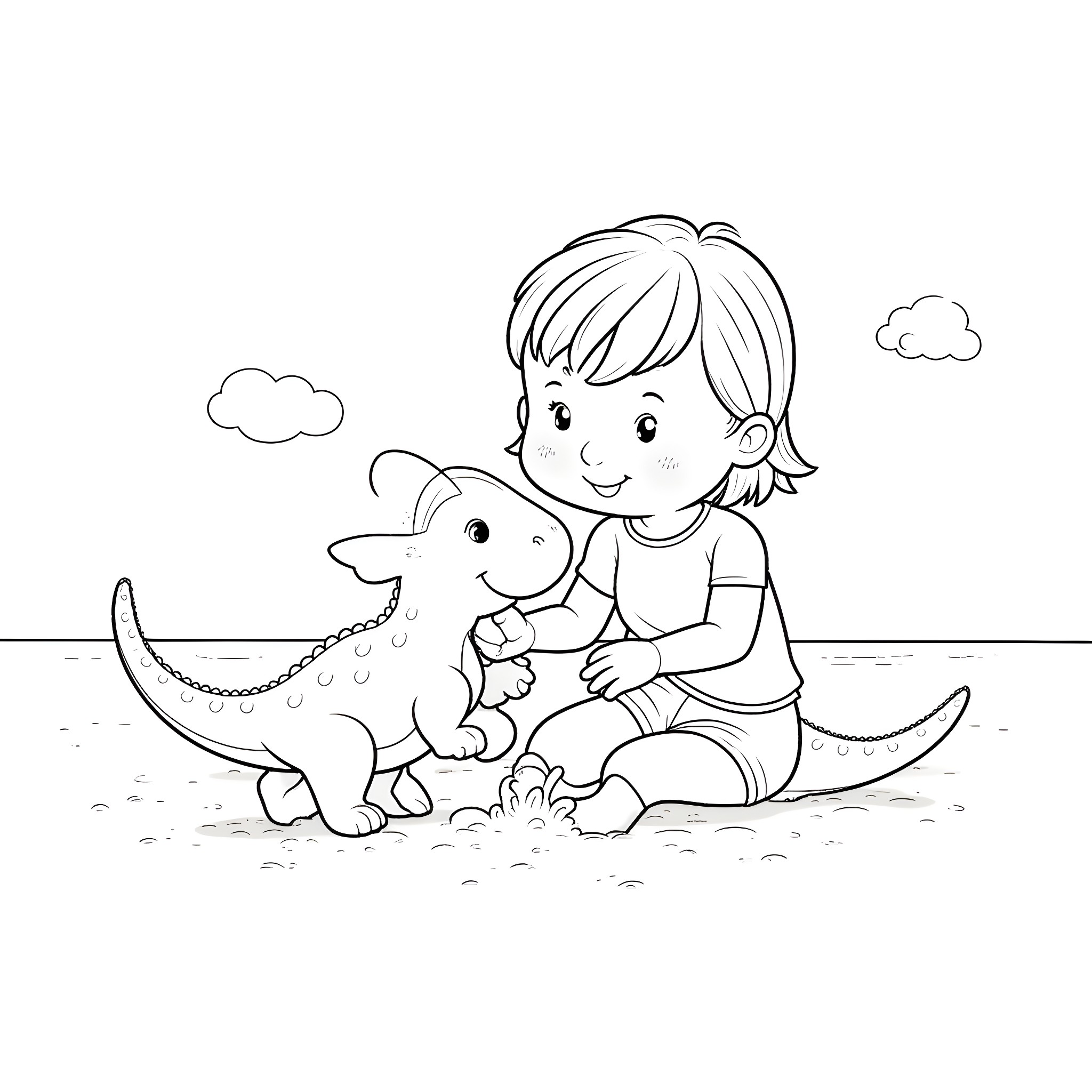 Susie Carmichael playing with a friendly dinosaur Coloring Page (free black-and-white line drawing printable PDF for all, from beginners to advanced learners, including children, teens, adults, and seniors)