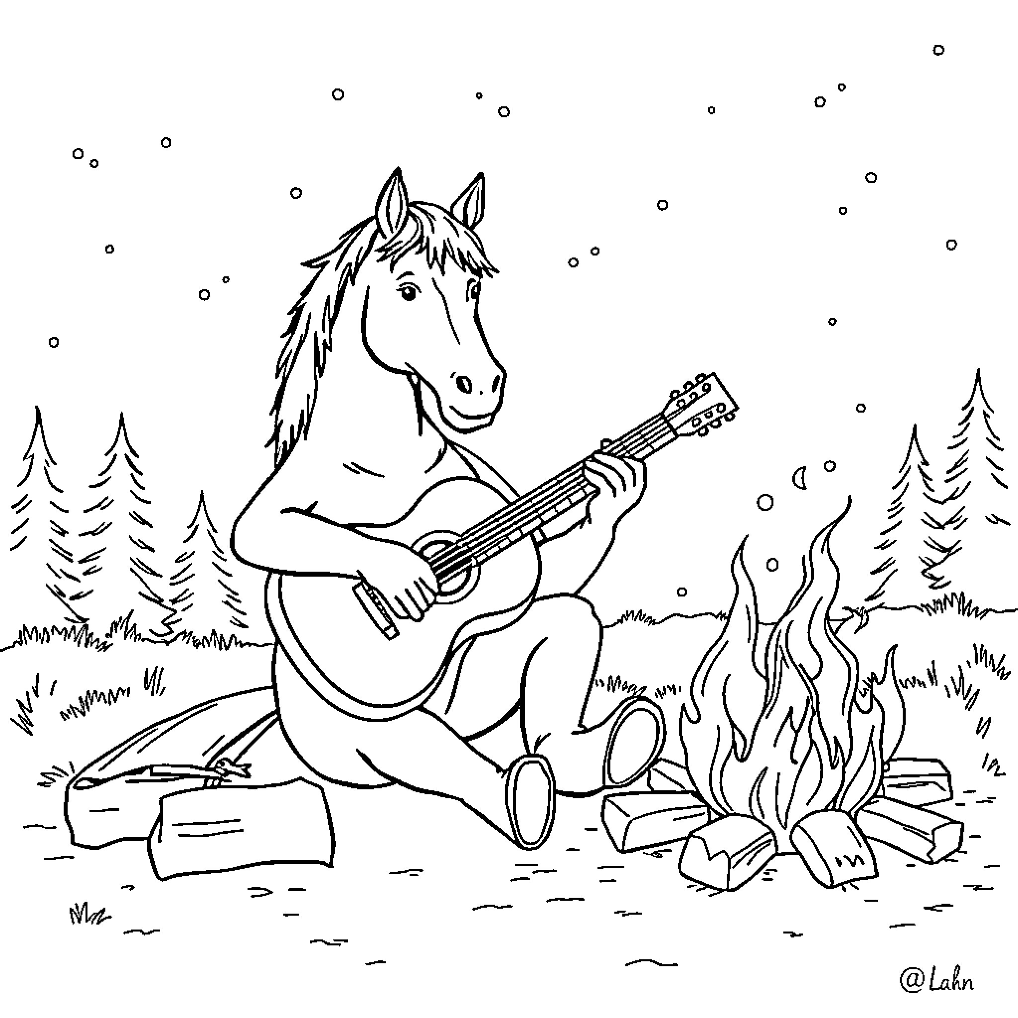 Horse playing guitar by the campfire Coloring Page (free black-and-white line drawing printable PDF for all, from beginners to advanced learners, including children, teens, adults, and seniors)