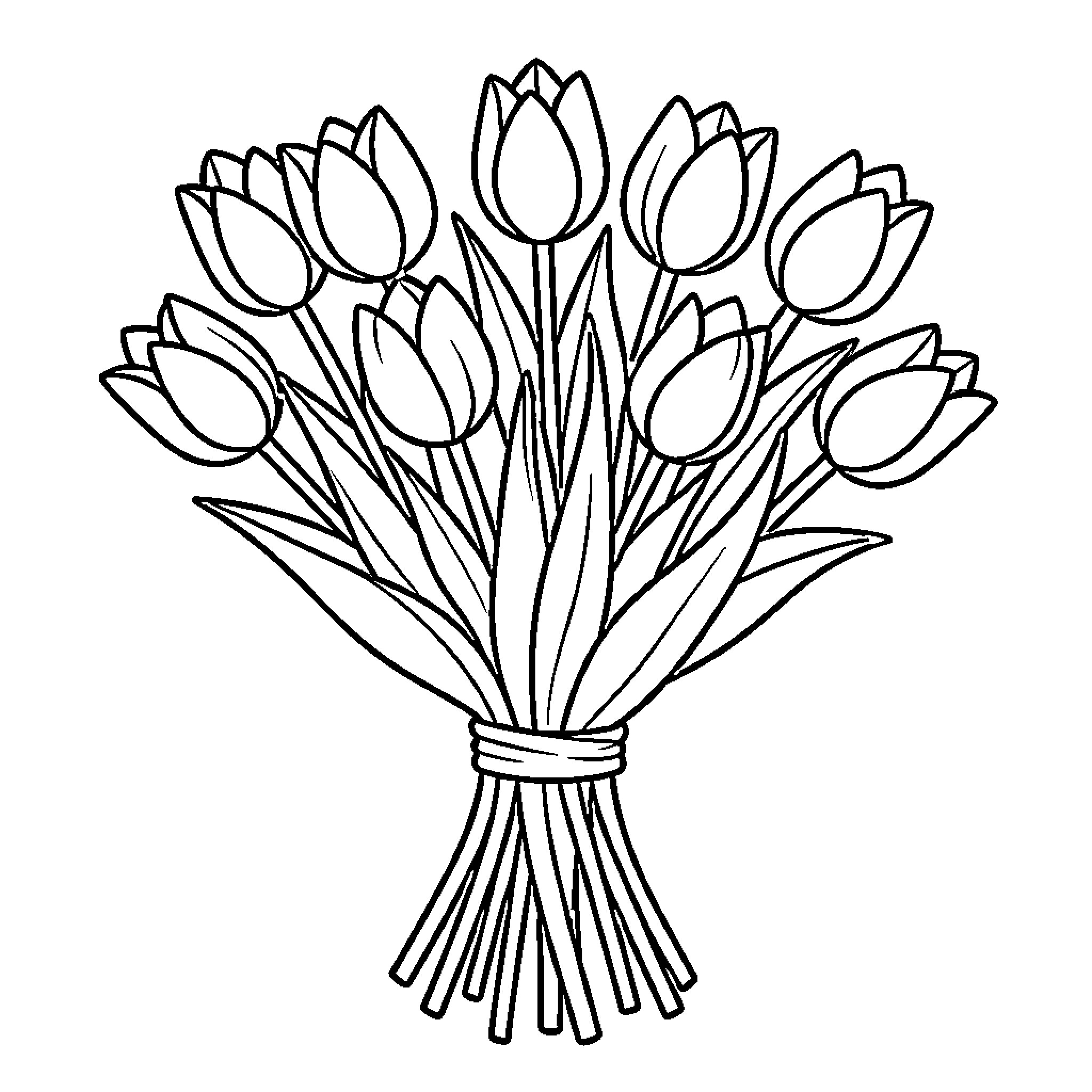 Tulip bouquet in a bundle Coloring Page (free black-and-white line drawing printable PDF for all, from beginners to advanced learners, including children, teens, adults, and seniors)