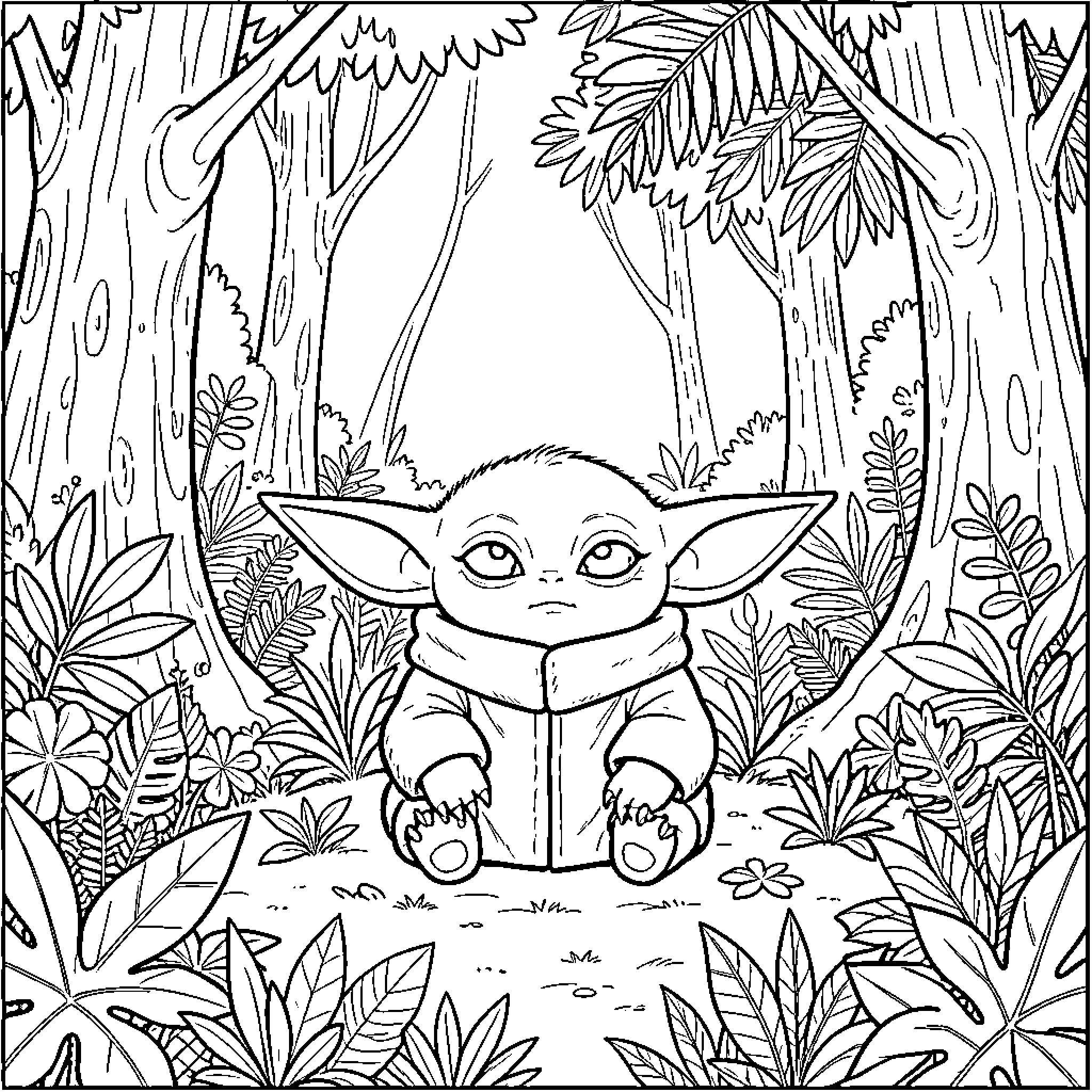 Baby Yoda reading in the enchanted forest Coloring Page (free black-and-white line drawing printable PDF for all, from beginners to advanced learners, including children, teens, adults, and seniors)