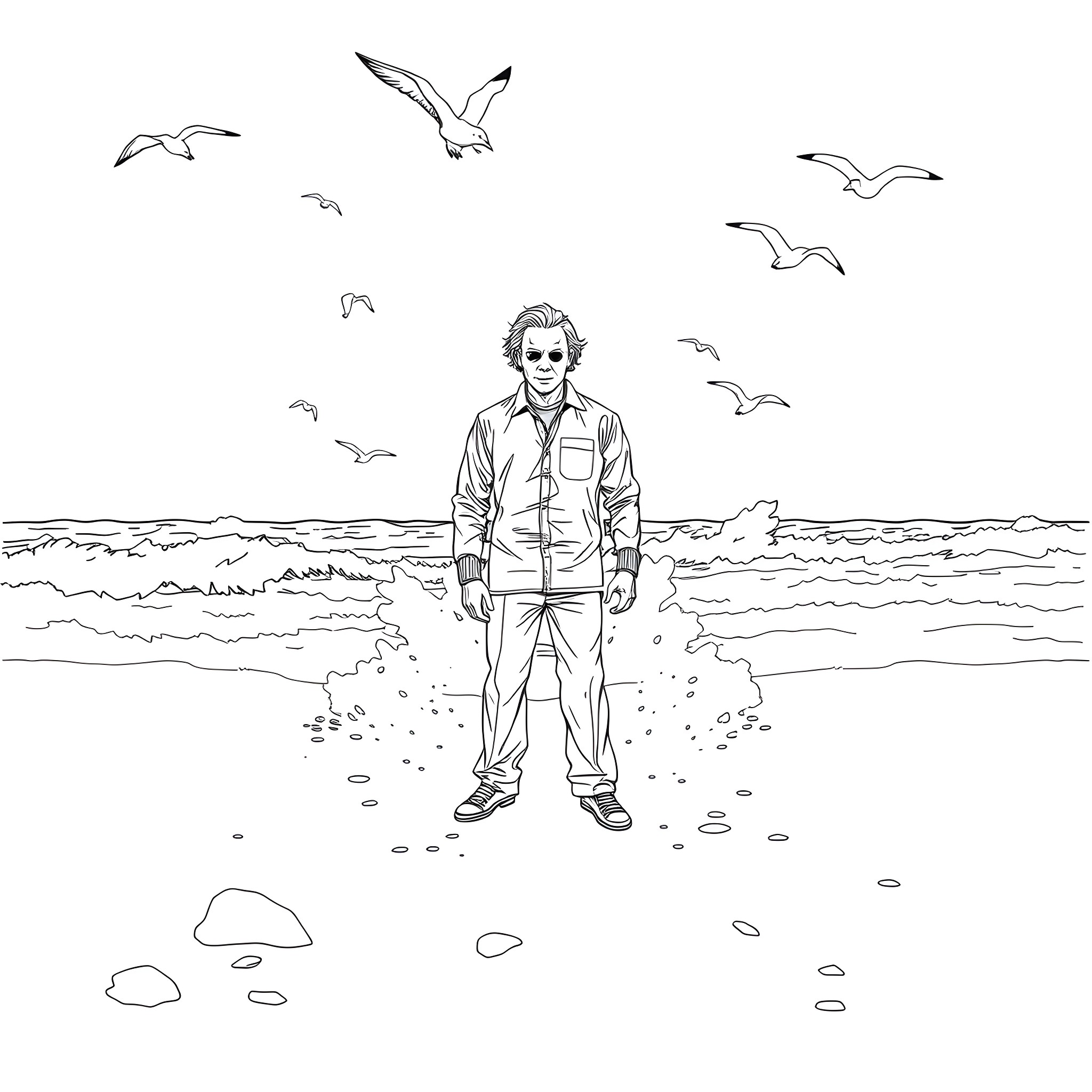 Michael Myers brooding by the ocean Coloring Page (free black-and-white line drawing printable PDF for all, from beginners to advanced learners, including children, teens, adults, and seniors)