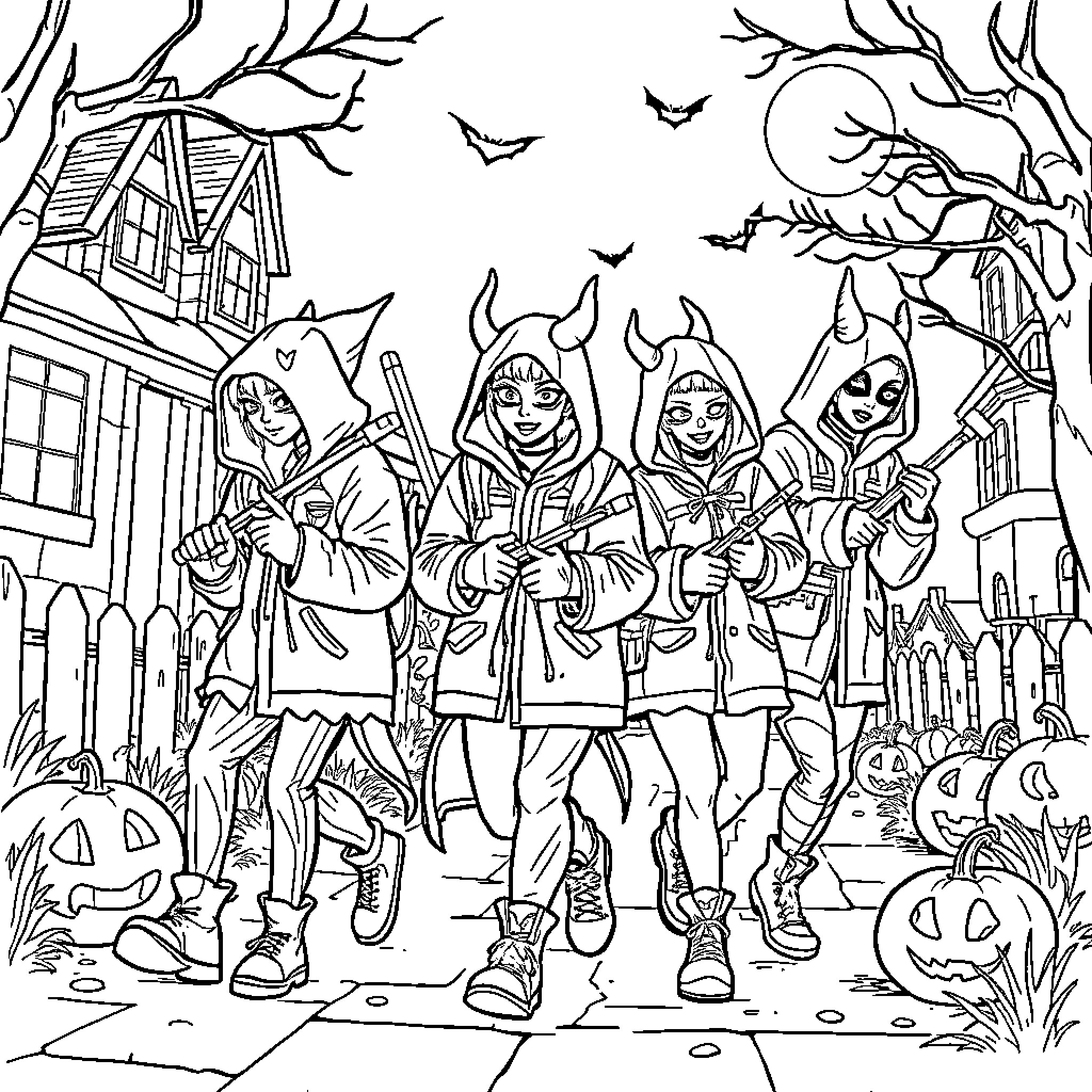 Kpop Demon Hunters Trick-or-Treating on Halloween Night Coloring Page (free black-and-white line drawing printable PDF for all, from beginners to advanced learners, including children, teens, adults, and seniors)