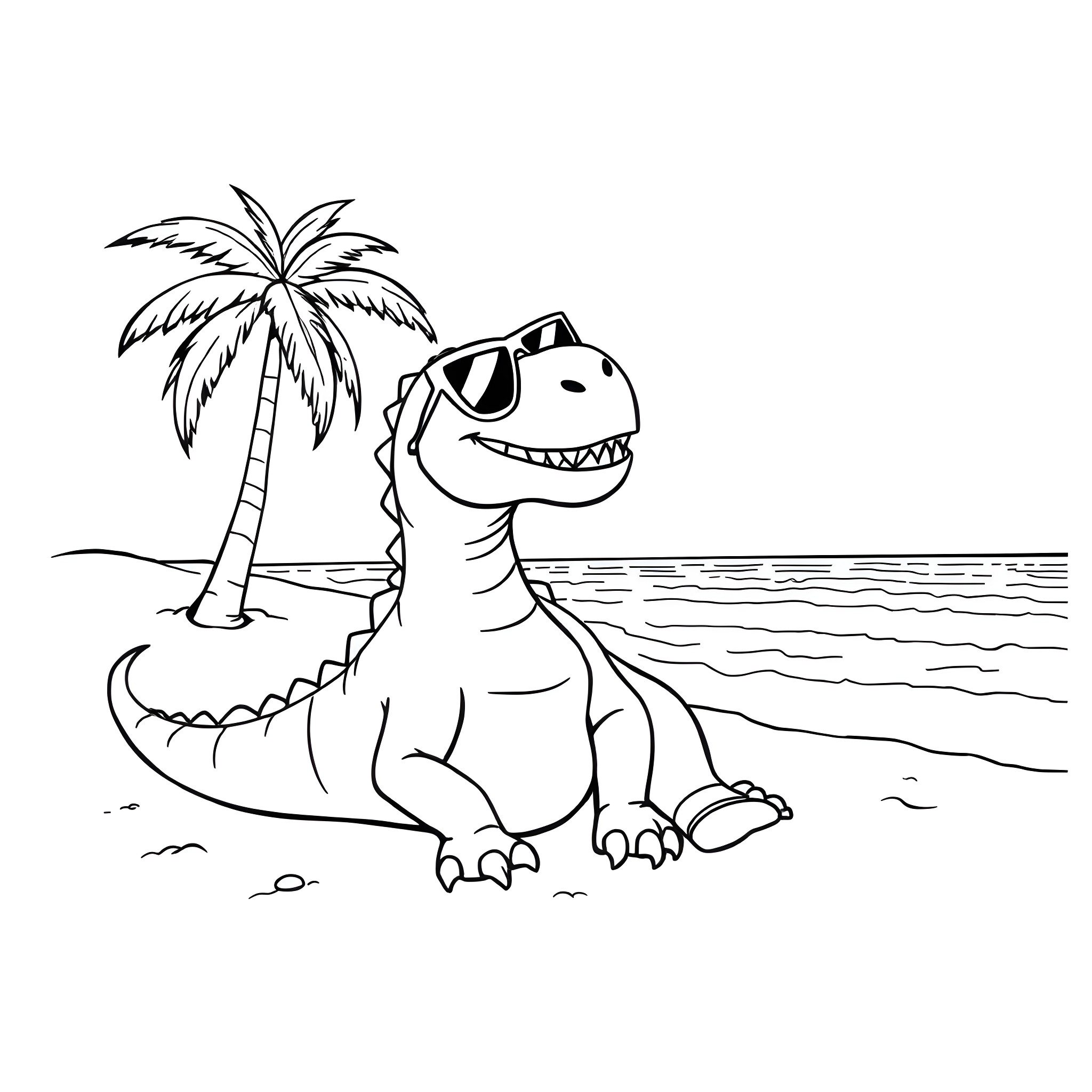 Dinosaur enjoying the tropical beach scene Coloring Page (free black-and-white line drawing printable PDF for all, from beginners to advanced learners, including children, teens, adults, and seniors)