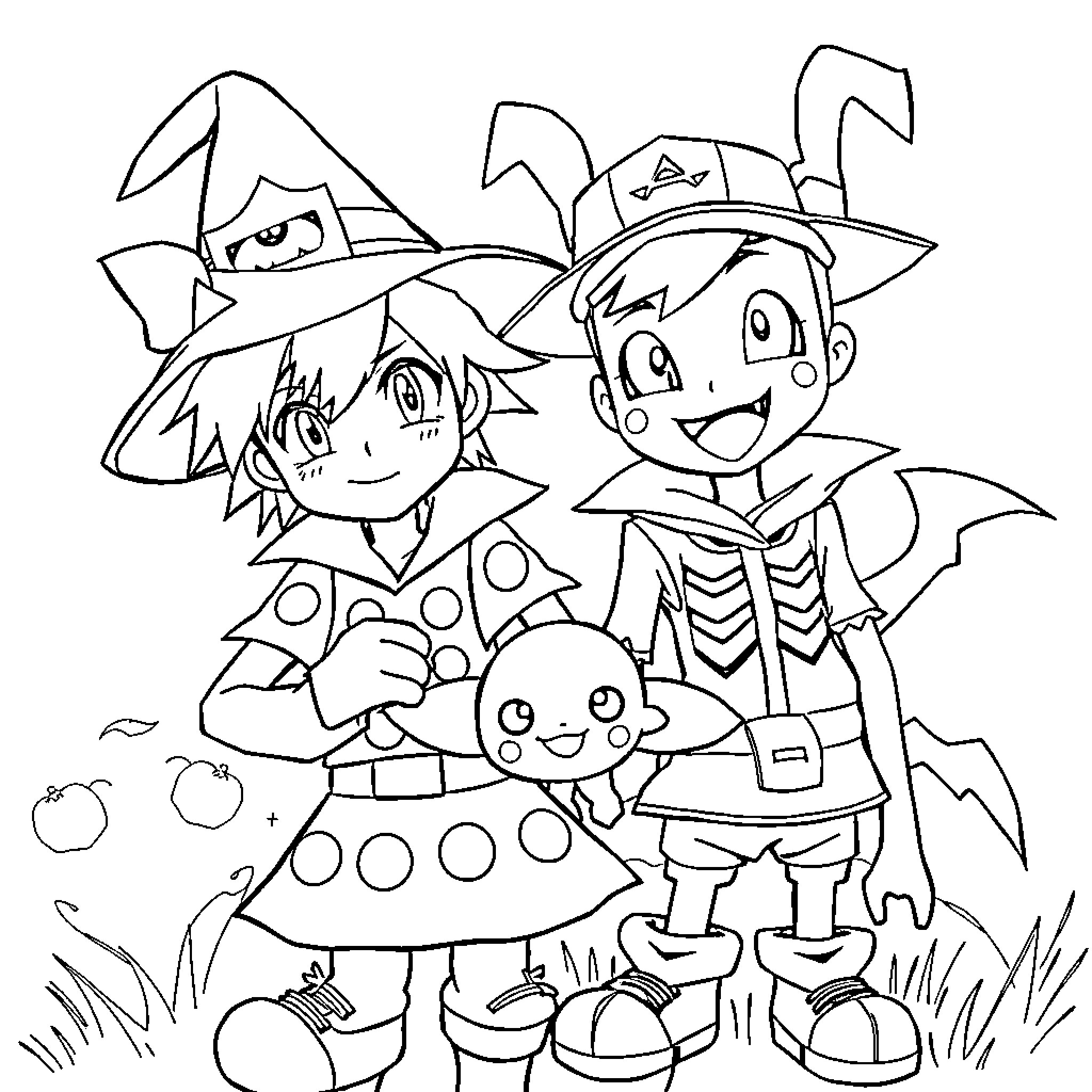 Sora and friends in whimsical Halloween costumes Coloring Page (free black-and-white line drawing printable PDF for all, from beginners to advanced learners, including children, teens, adults, and seniors)