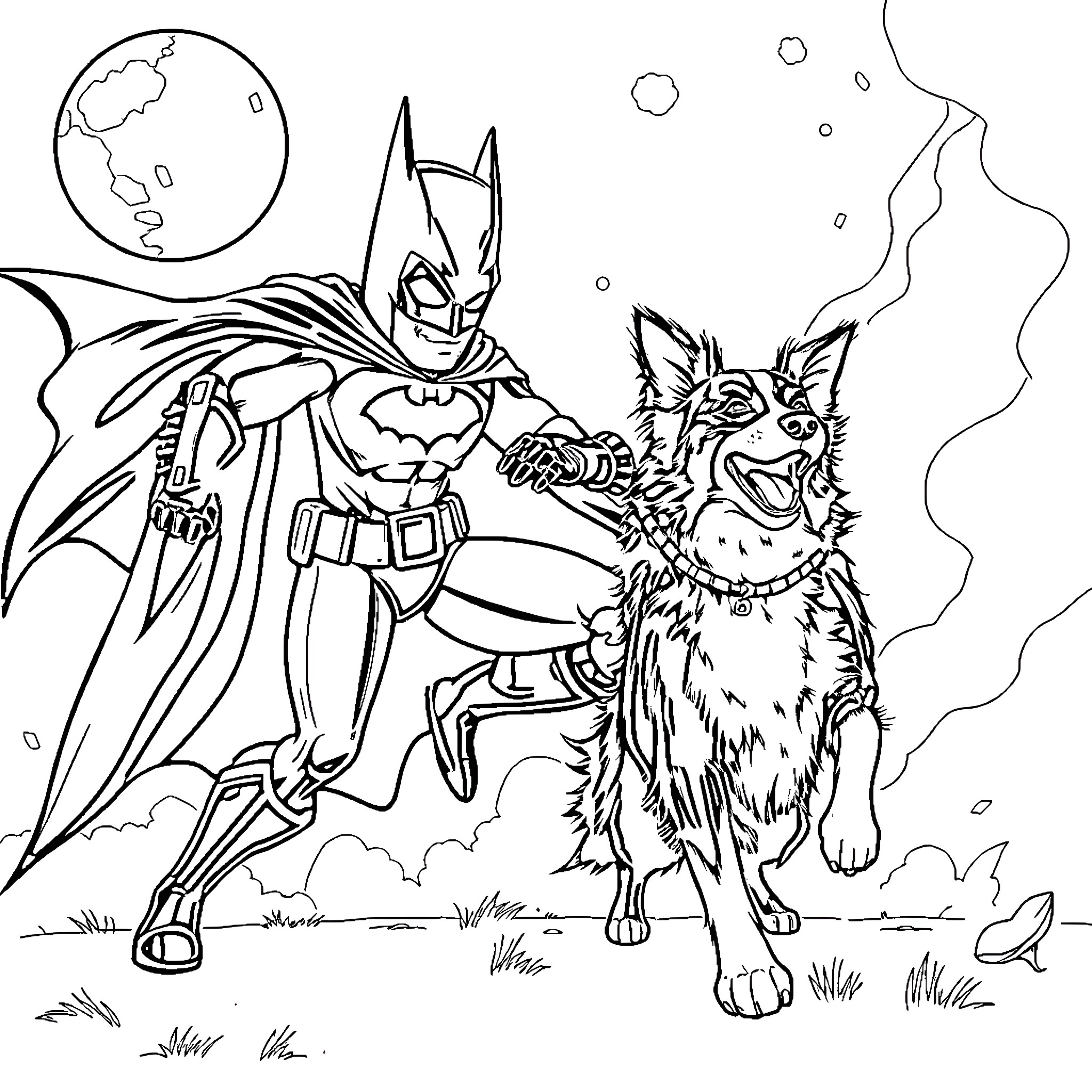 Border Collie and Batman in Action Coloring Page (free black-and-white line drawing printable PDF for all, from beginners to advanced learners, including children, teens, adults, and seniors)
