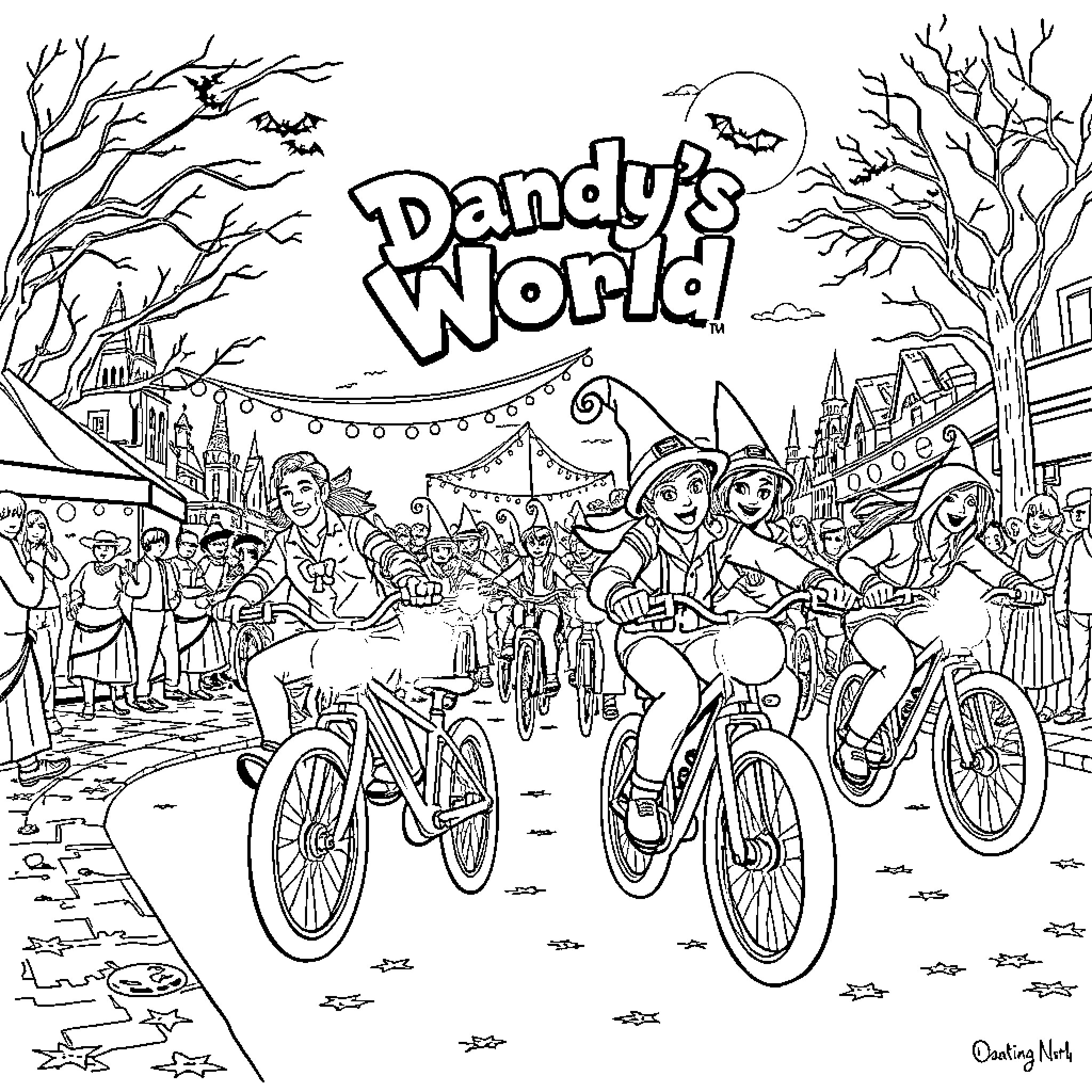 Bike Ride in Dandy's World Coloring Page (free black-and-white line drawing printable PDF for all, from beginners to advanced learners, including children, teens, adults, and seniors)