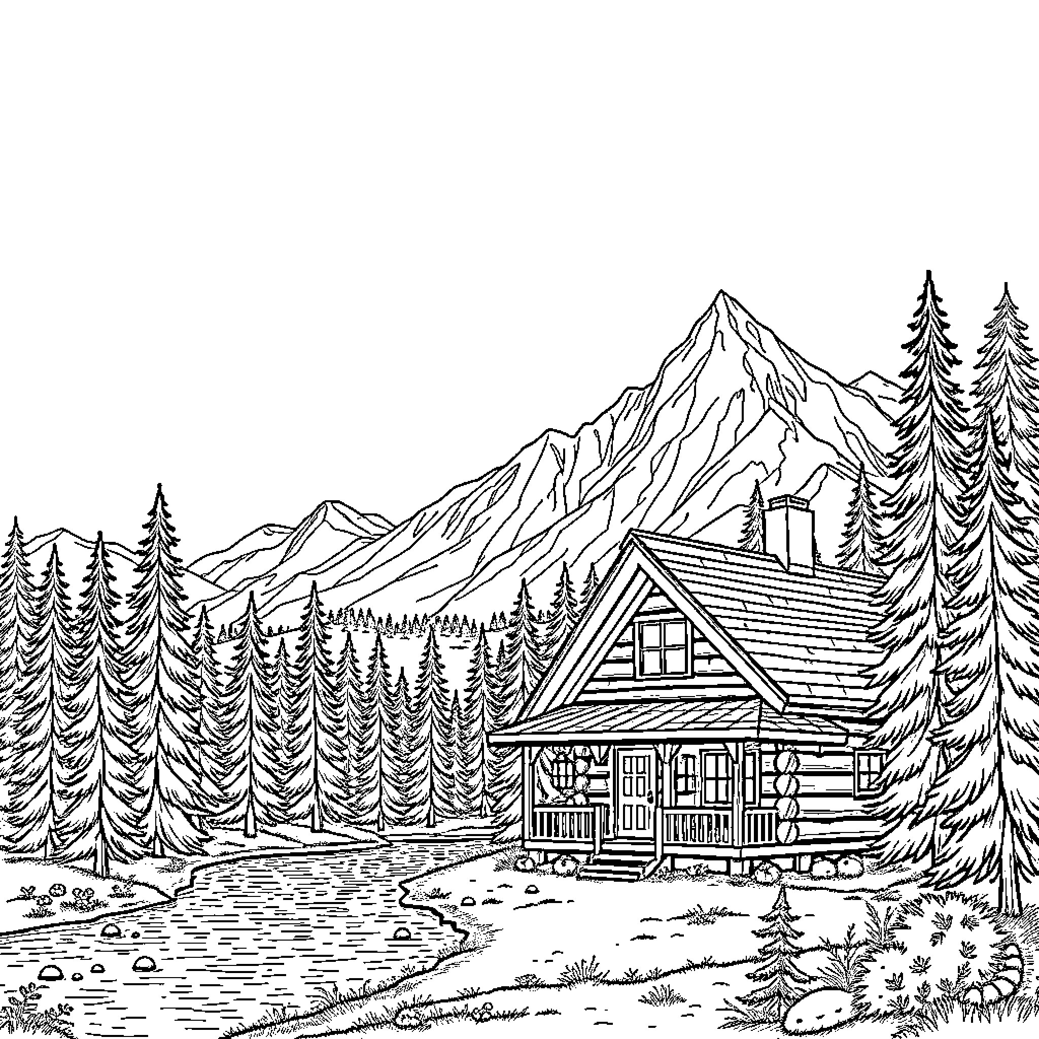 Log Cabin in the Mountain Wilderness Coloring Page (free black-and-white line drawing printable PDF for all, from beginners to advanced learners, including children, teens, adults, and seniors)