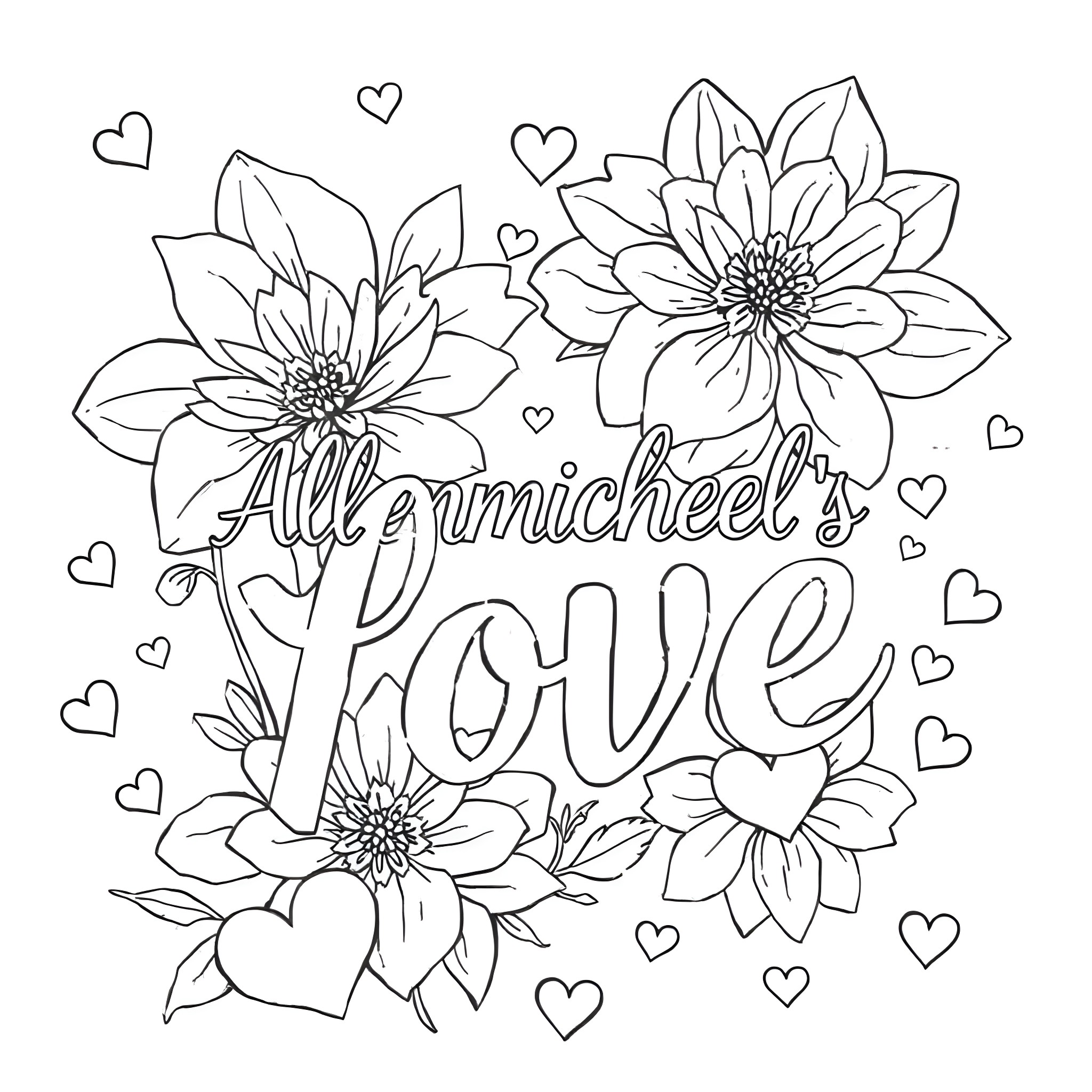 Flower art with hearts and 'All you need is love' Coloring Page (free black-and-white line drawing printable PDF for all, from beginners to advanced learners, including children, teens, adults, and seniors)