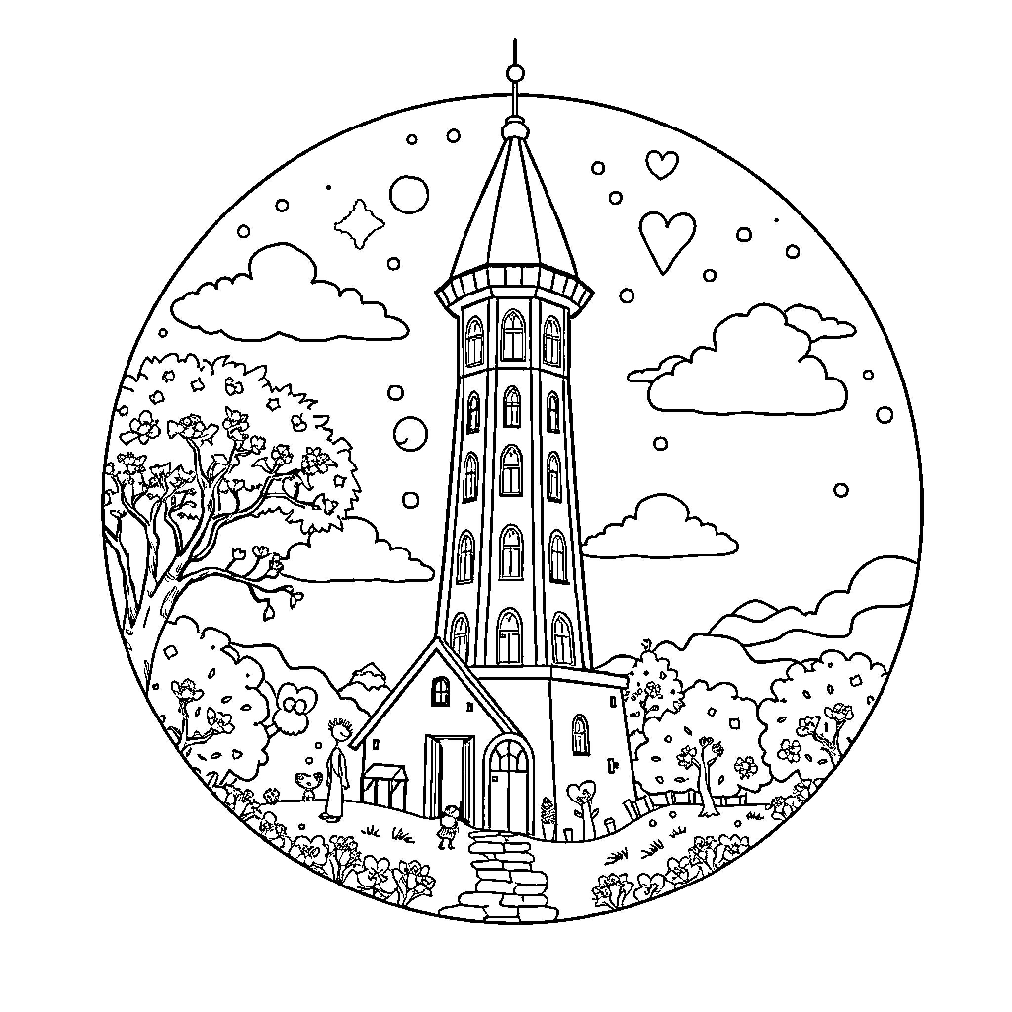 Moon Tower in Starry Landscape Coloring Page (free black-and-white line drawing printable PDF for all, from beginners to advanced learners, including children, teens, adults, and seniors)
