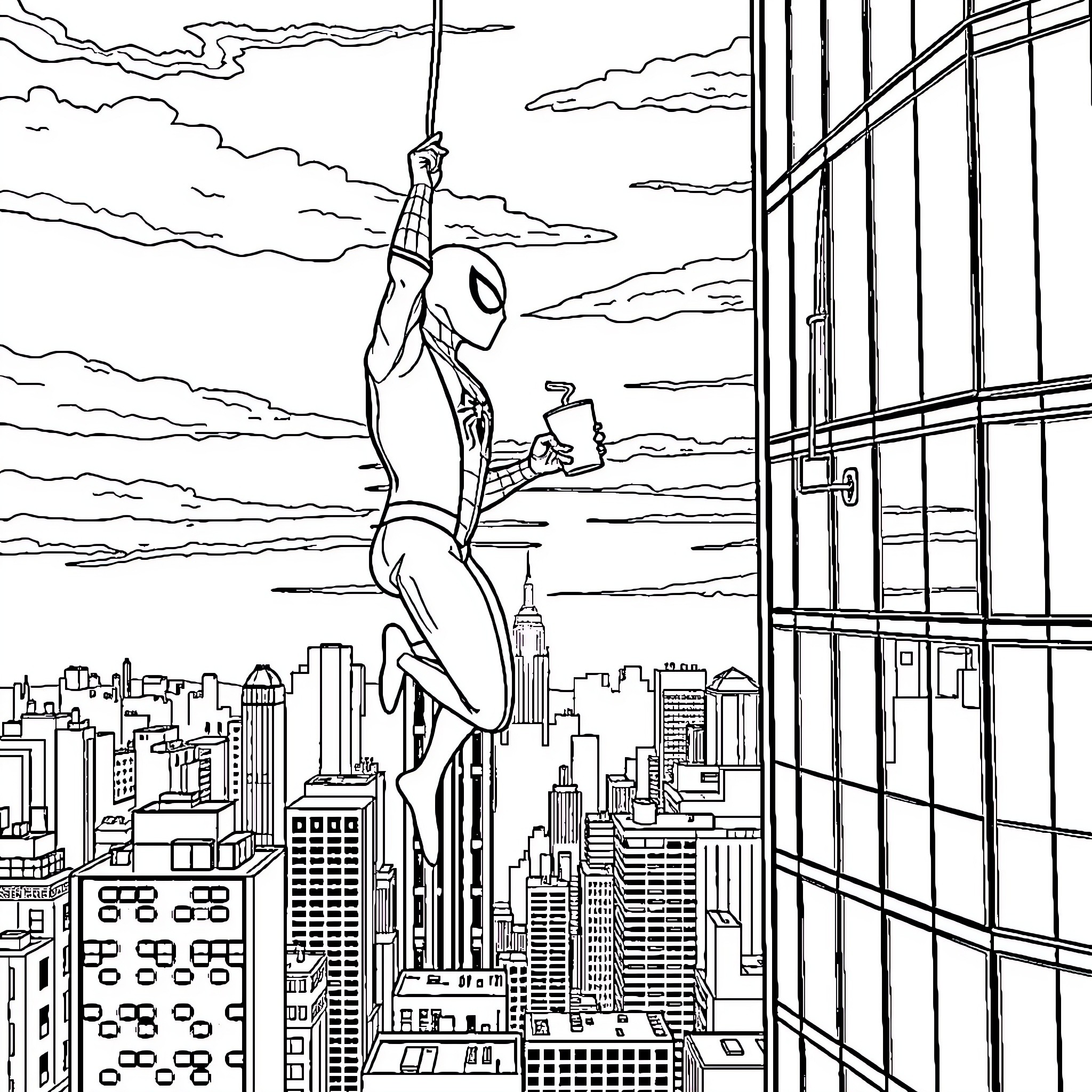 Spiderman swinging through the city skyline Coloring Page (free black-and-white line drawing printable PDF for all, from beginners to advanced learners, including children, teens, adults, and seniors)