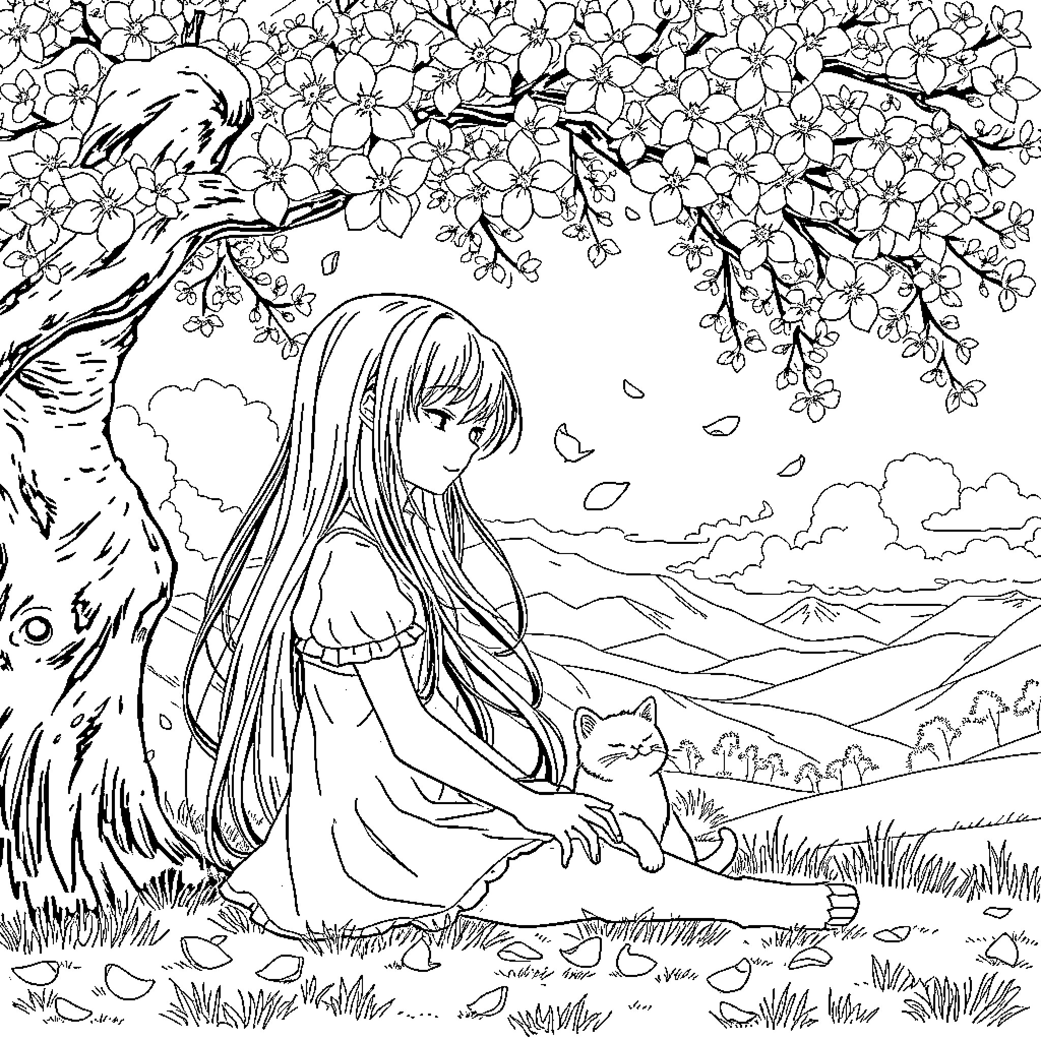 Girl resting under blossoming tree with cat Coloring Page (free black-and-white line drawing printable PDF for all, from beginners to advanced learners, including children, teens, adults, and seniors)