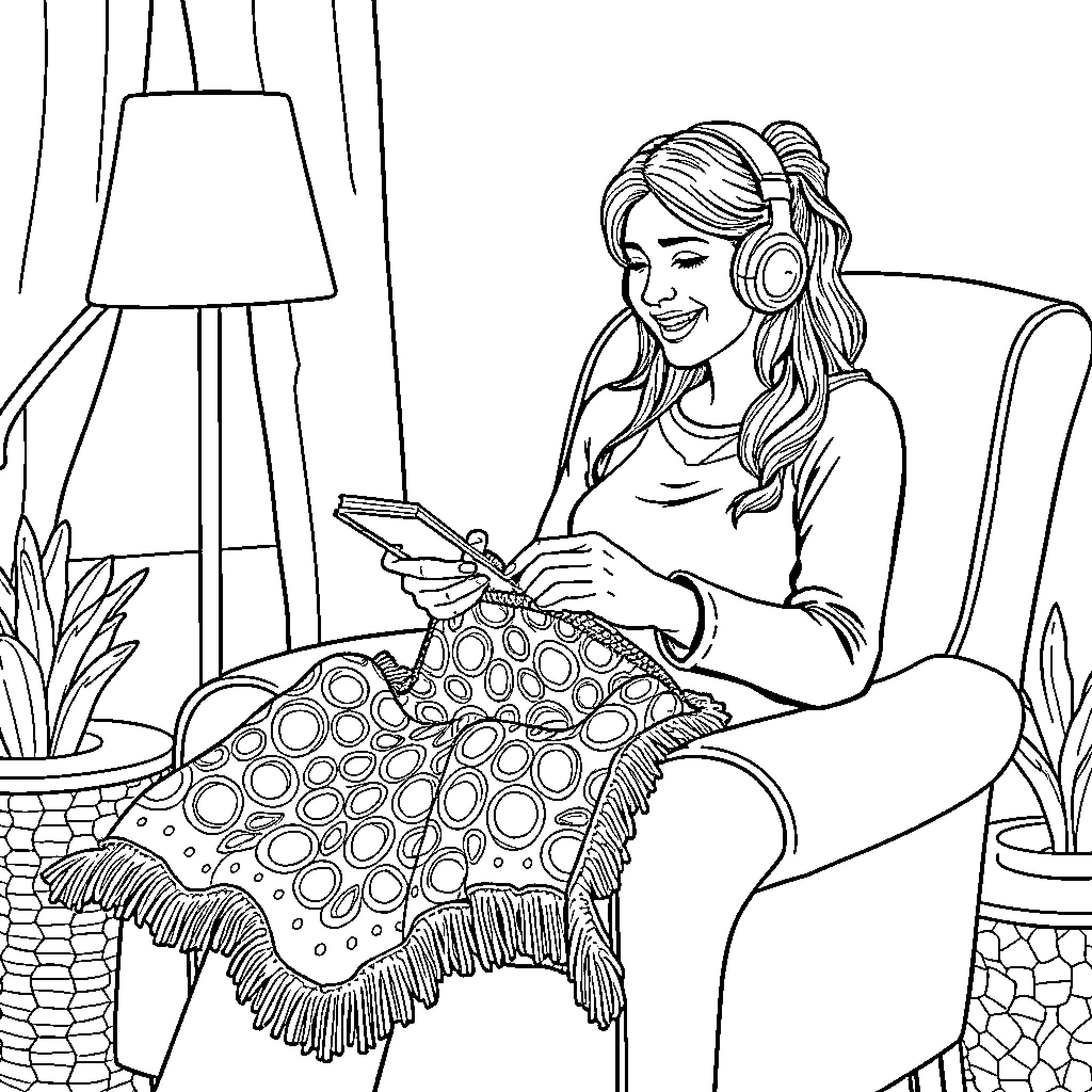 Lady Enjoying Music and Knitting at Home Coloring Page (free black-and-white line drawing printable PDF for all, from beginners to advanced learners, including children, teens, adults, and seniors)