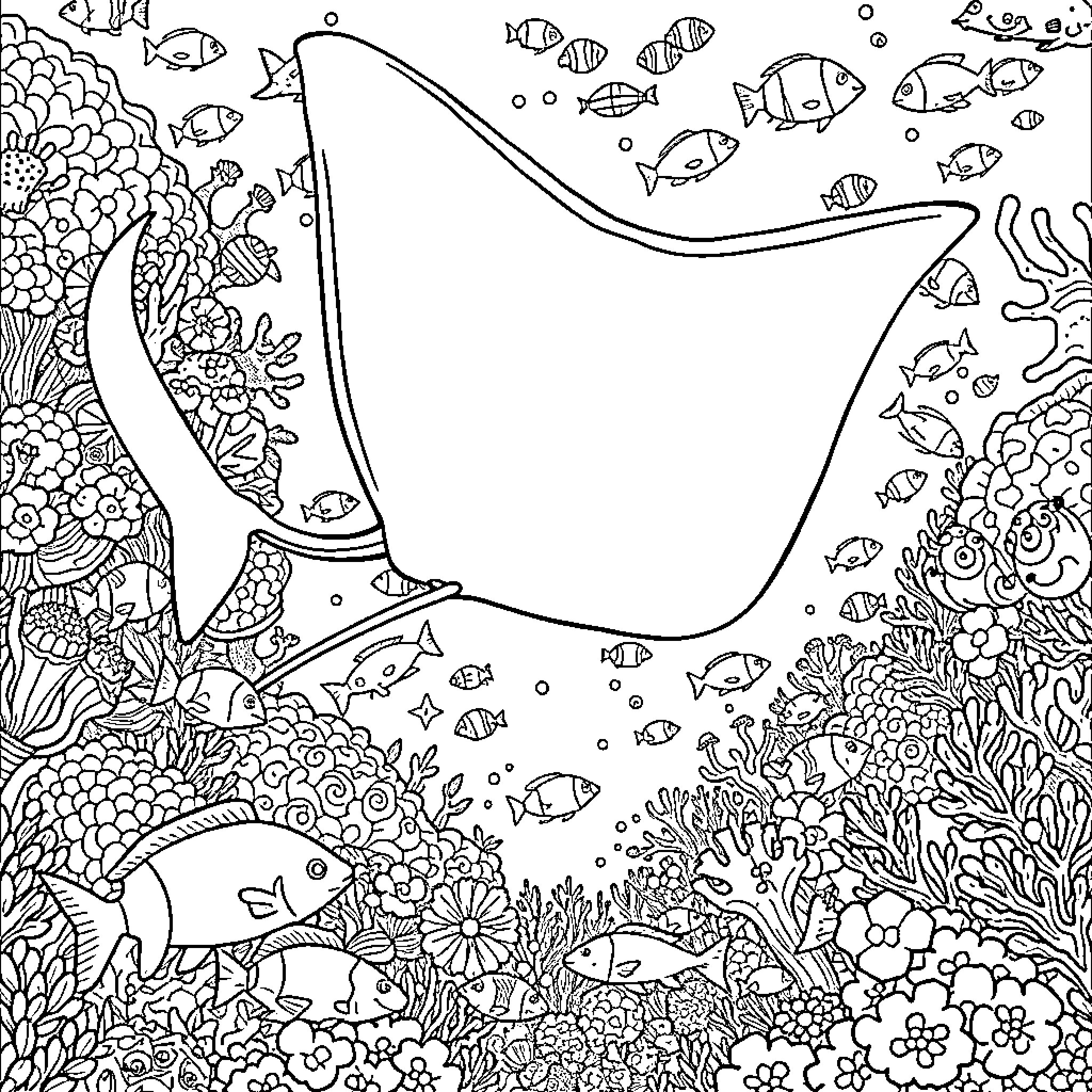 Manta Ray swimming among vibrant marine life Coloring Page (free black-and-white line drawing printable PDF for all, from beginners to advanced learners, including children, teens, adults, and seniors)
