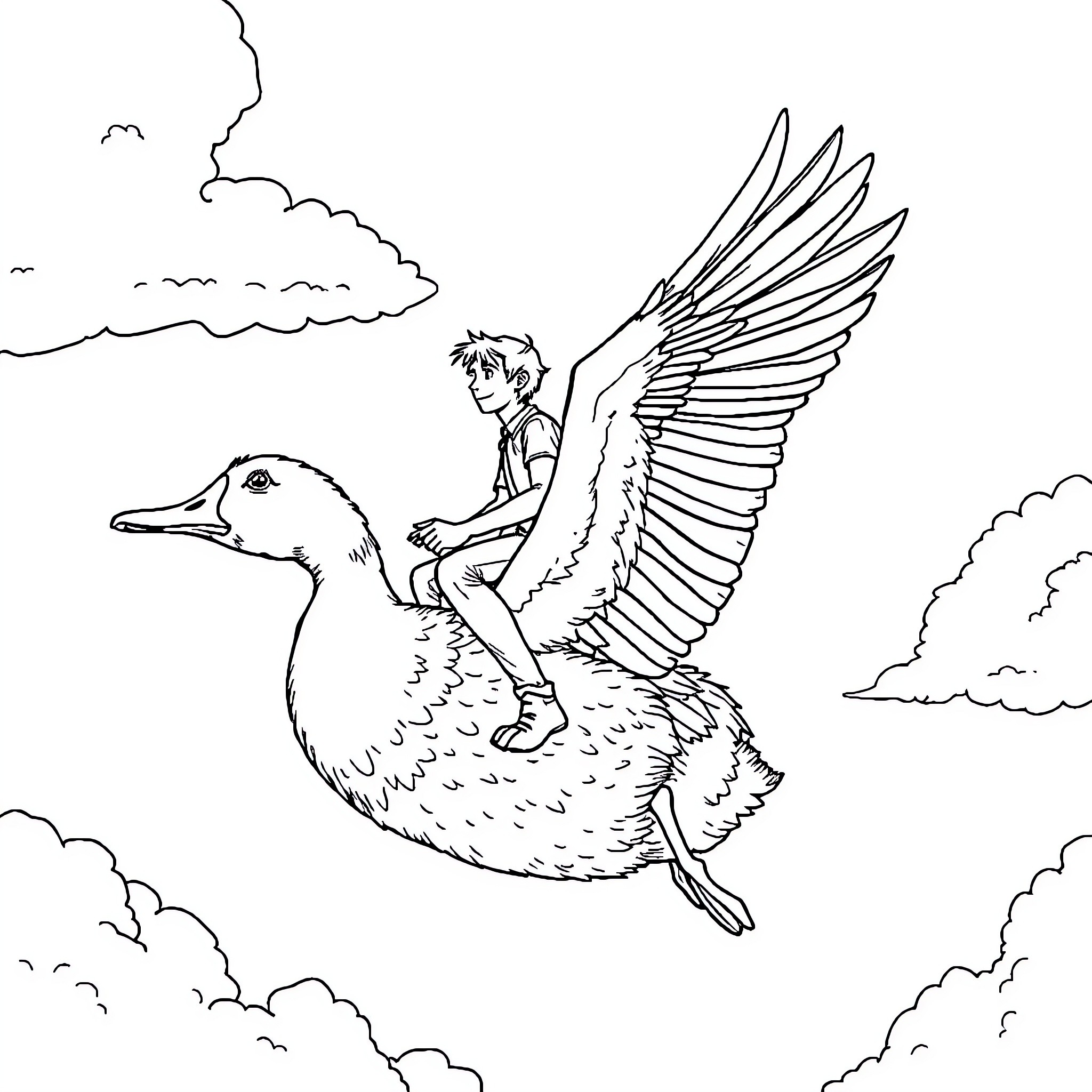 Man riding a winged creature through the sky Coloring Page (free black-and-white line drawing printable PDF for all, from beginners to advanced learners, including children, teens, adults, and seniors)