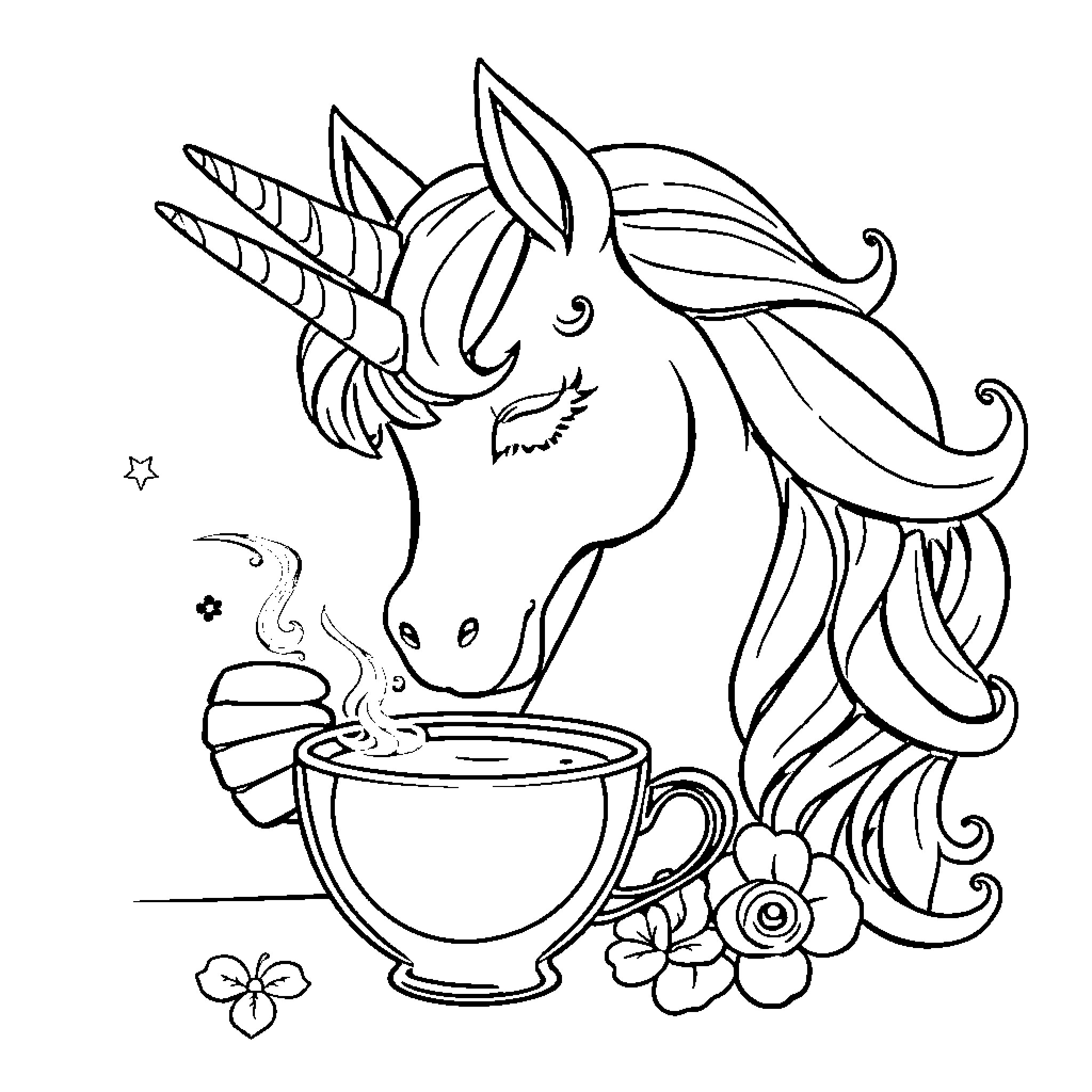 Unicorn enjoying a magical cup of tea Coloring Page (free black-and-white line drawing printable PDF for all, from beginners to advanced learners, including children, teens, adults, and seniors)