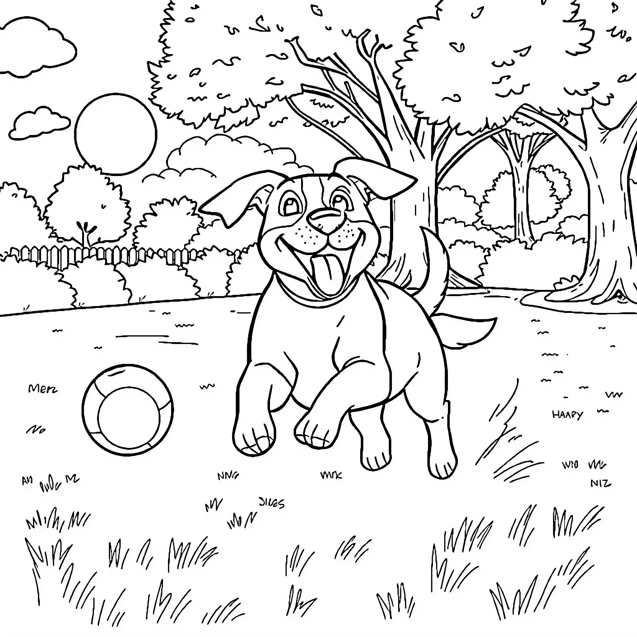 Dog playing happily in the park Coloring Page (free black-and-white line drawing printable PDF for all, from beginners to advanced learners, including children, teens, adults, and seniors)