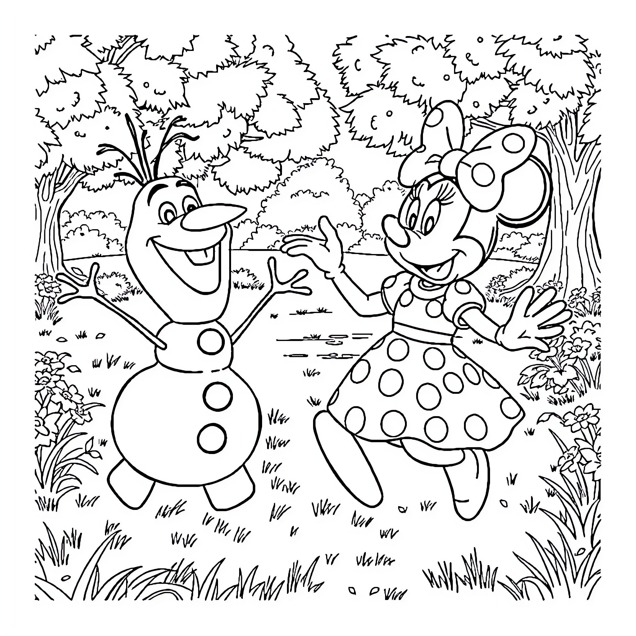 Olaf and Minnie Mouse playing in the forest Coloring Page (free black-and-white line drawing printable PDF for all, from beginners to advanced learners, including children, teens, adults, and seniors)