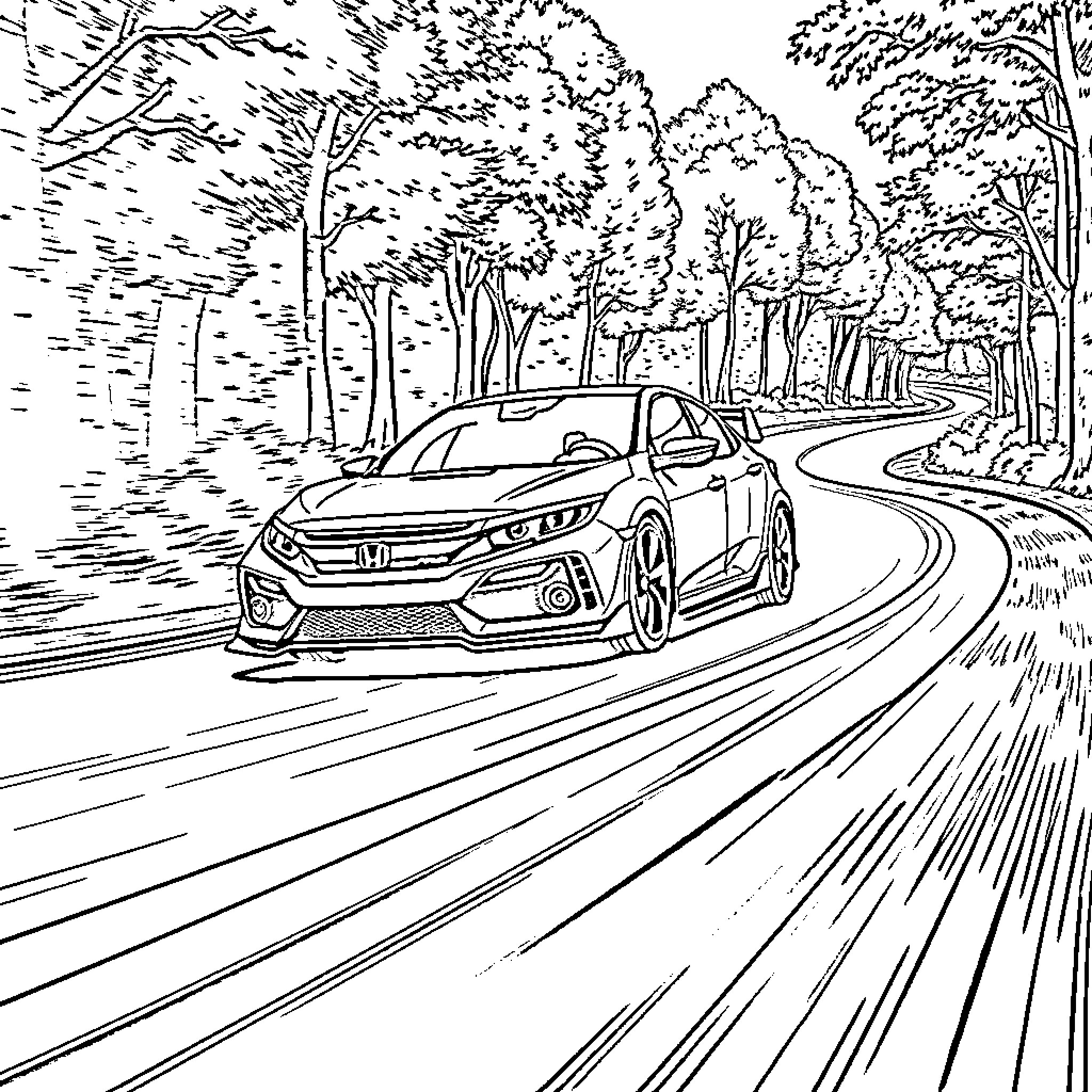 Car speeding on a winding road through the forest Coloring Page (free black-and-white line drawing printable PDF for all, from beginners to advanced learners, including children, teens, adults, and seniors)