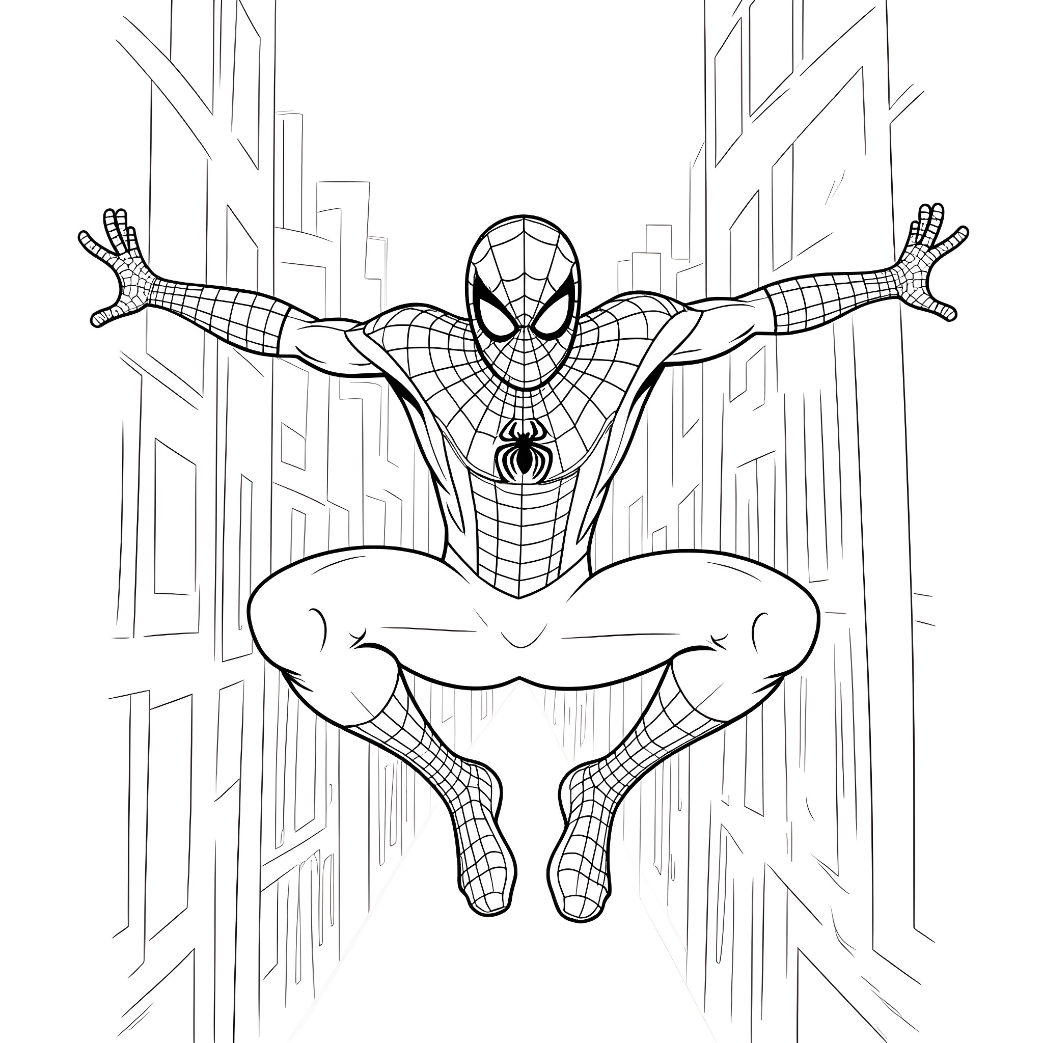 Spiderman swinging through the city Coloring Page (free black-and-white line drawing printable PDF for all, from beginners to advanced learners, including children, teens, adults, and seniors)