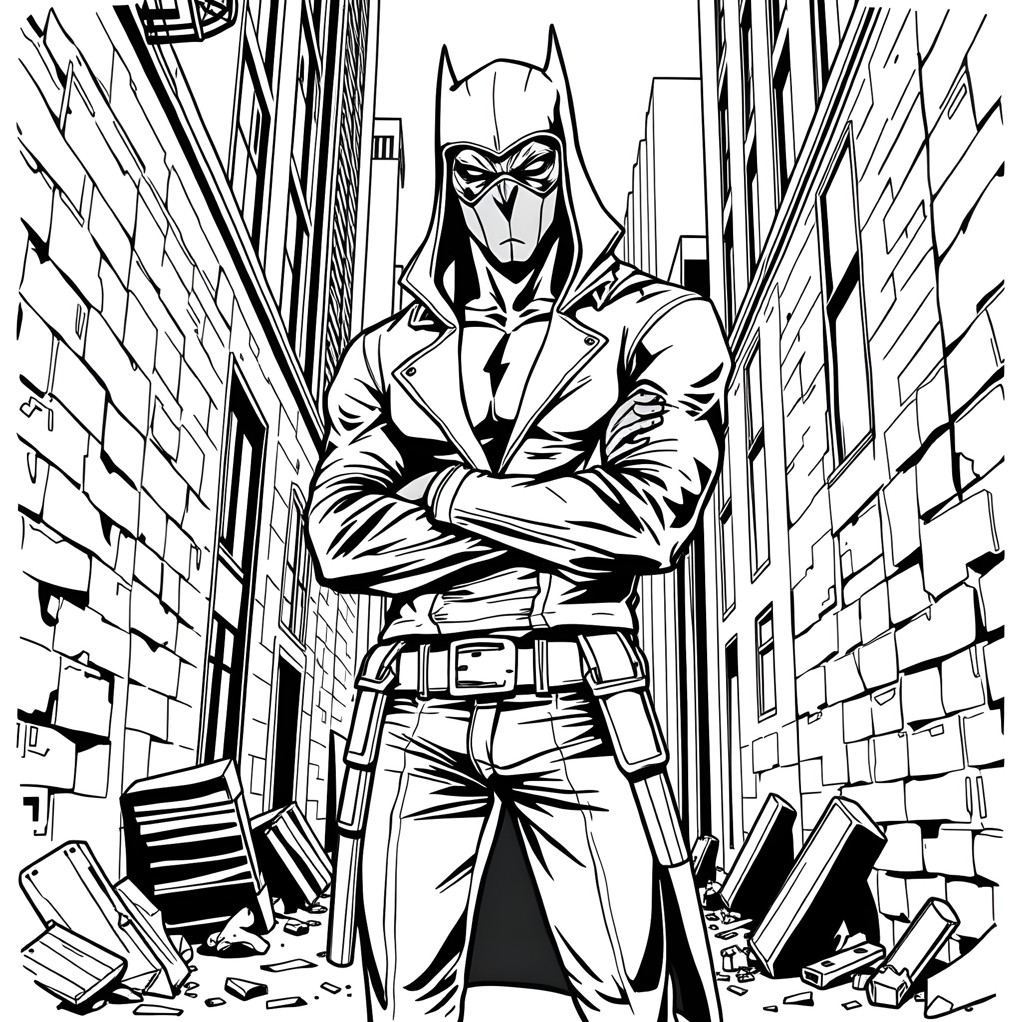 Red Hood Vigilante in Ruined City Coloring Page (free black-and-white line drawing printable PDF for all, from beginners to advanced learners, including children, teens, adults, and seniors)