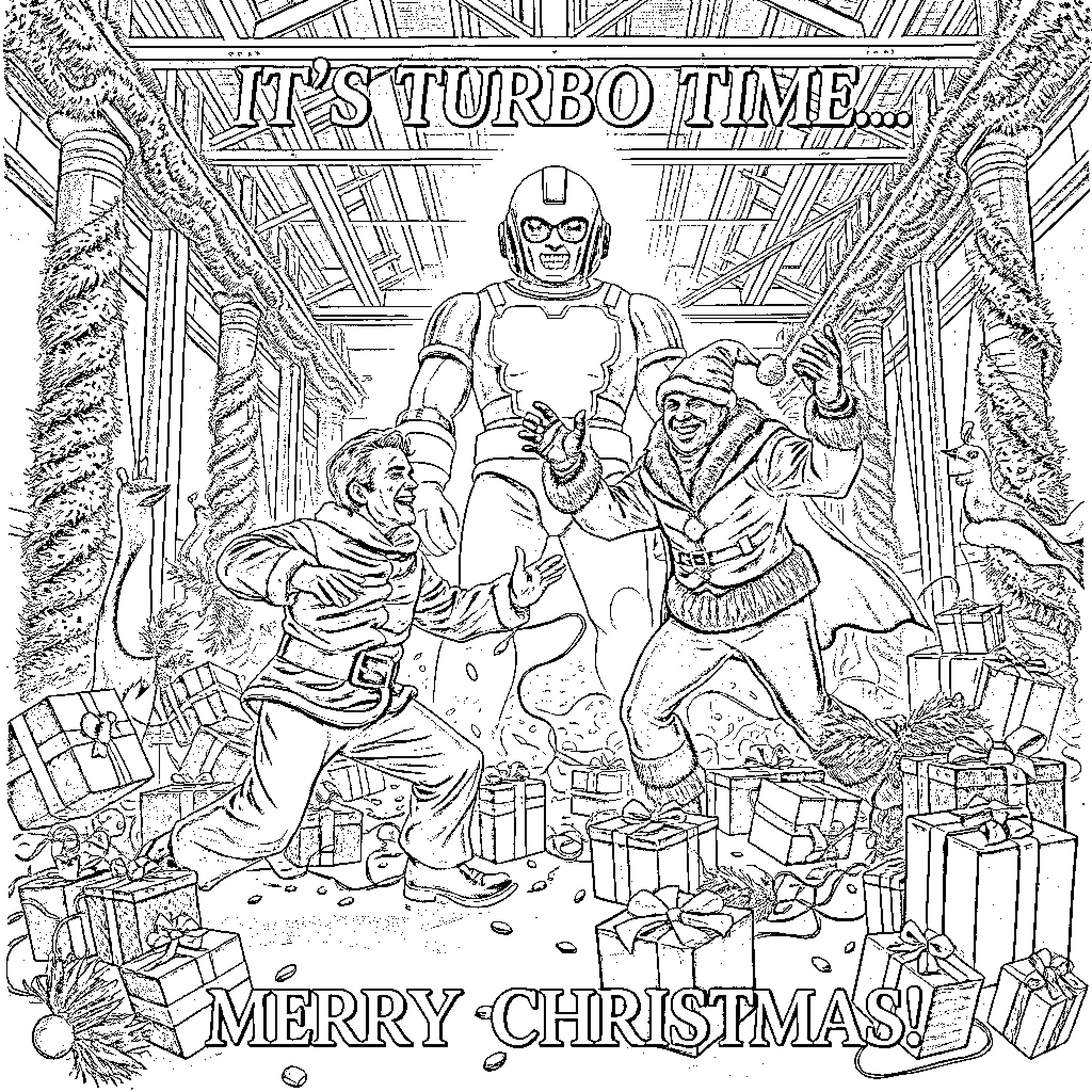 Turbo Man and Friends Celebrate Christmas Joyfully Coloring Page (free black-and-white line drawing printable PDF for all, from beginners to advanced learners, including children, teens, adults, and seniors)