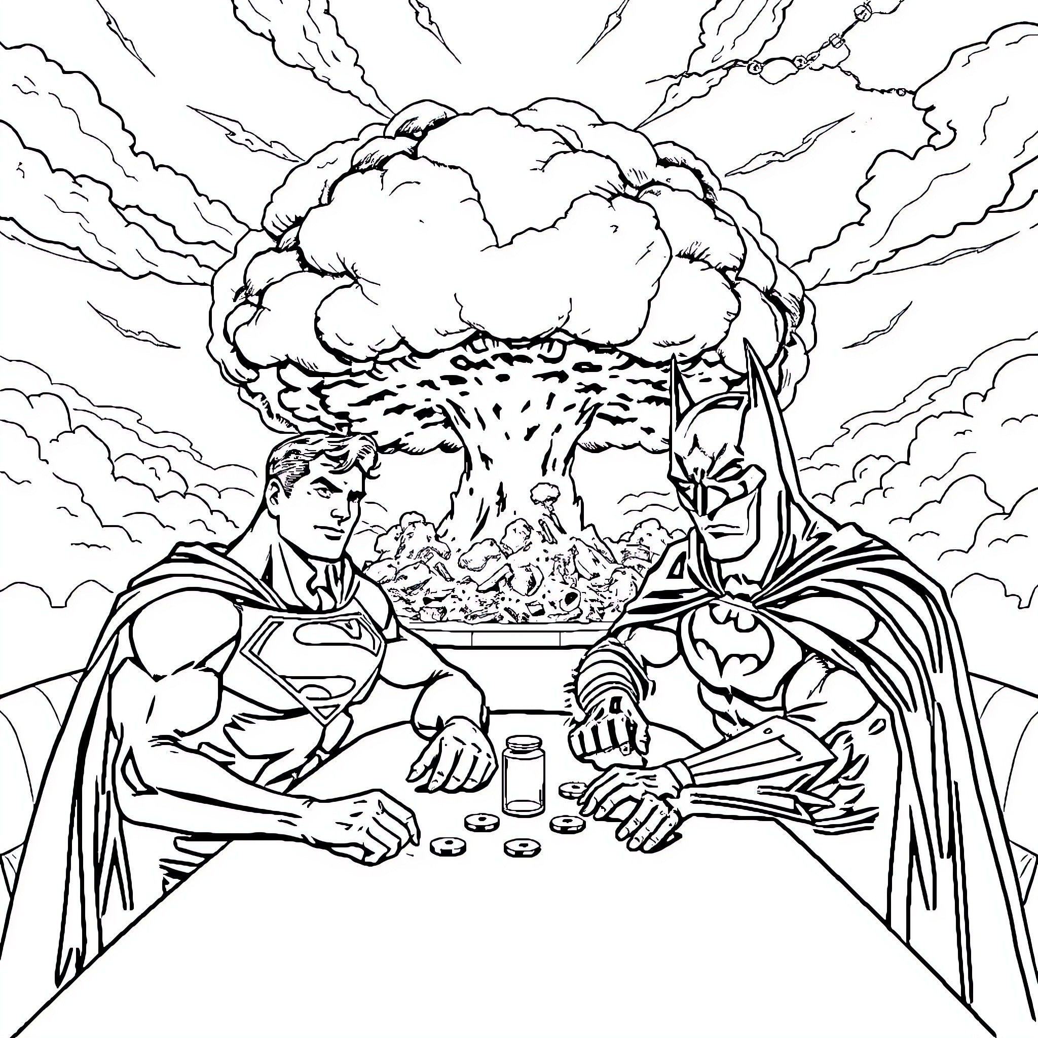Superman and Batman enjoy a meal together amid chaos Coloring Page (free black-and-white line drawing printable PDF for all, from beginners to advanced learners, including children, teens, adults, and seniors)