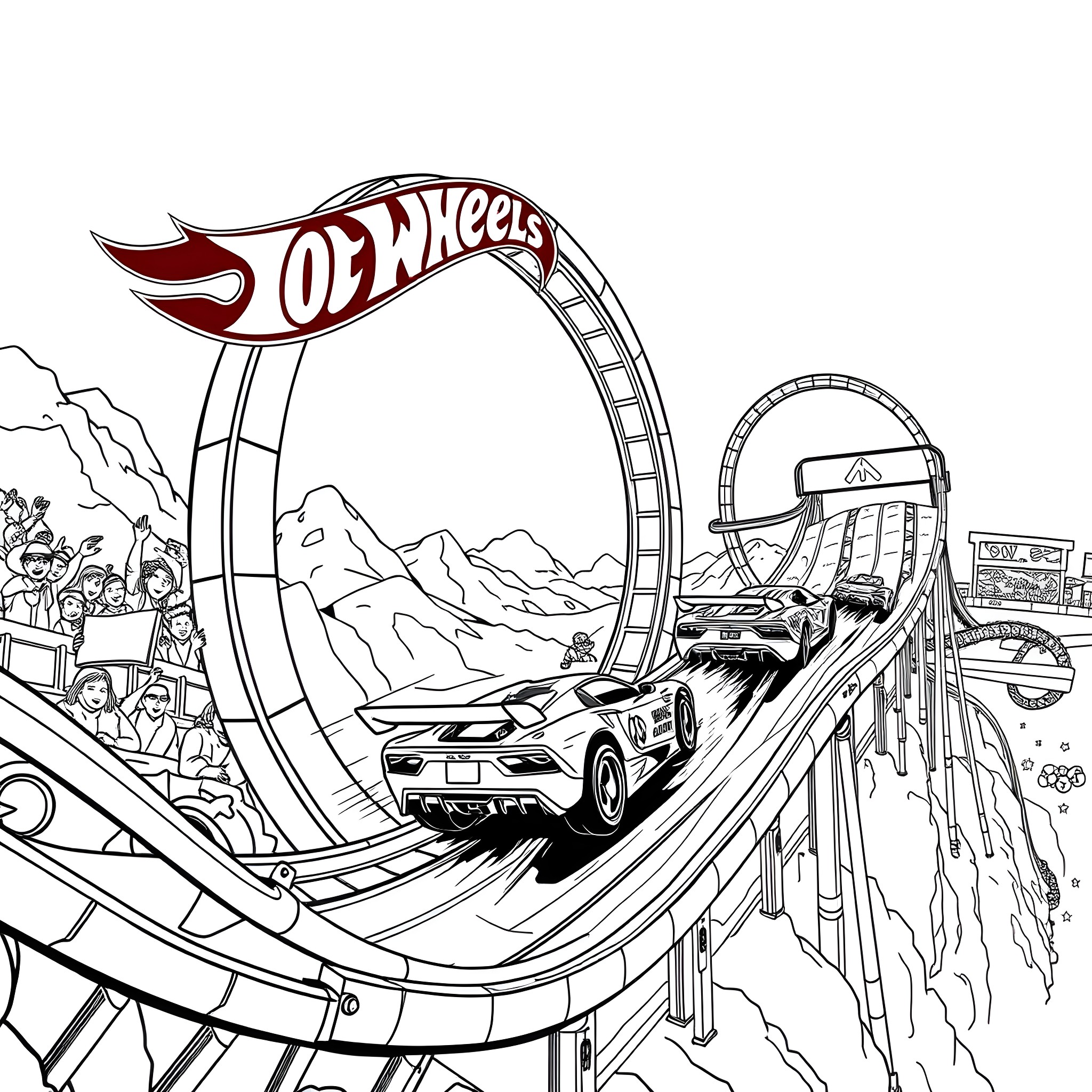 Hot Wheels Thrilling Stunt Race on Rollercoaster Coloring Page (free black-and-white line drawing printable PDF for all, from beginners to advanced learners, including children, teens, adults, and seniors)