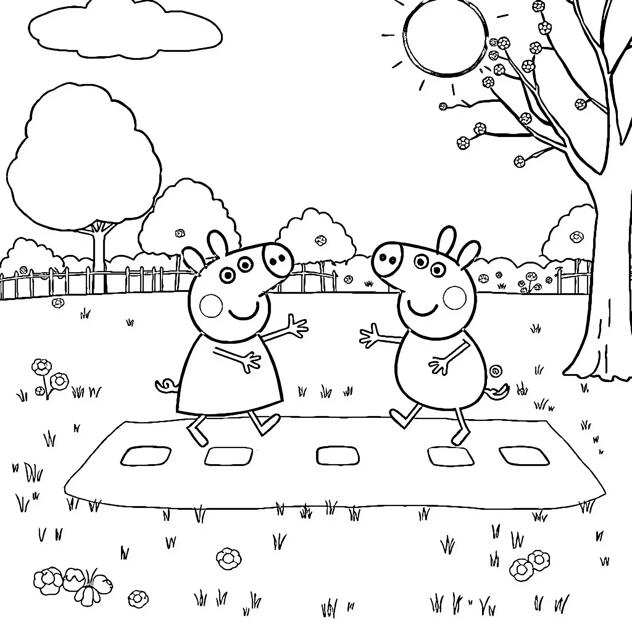 Peppa Pig enjoying outdoor activities with friends Coloring Page (free black-and-white line drawing printable PDF for all, from beginners to advanced learners, including children, teens, adults, and seniors)