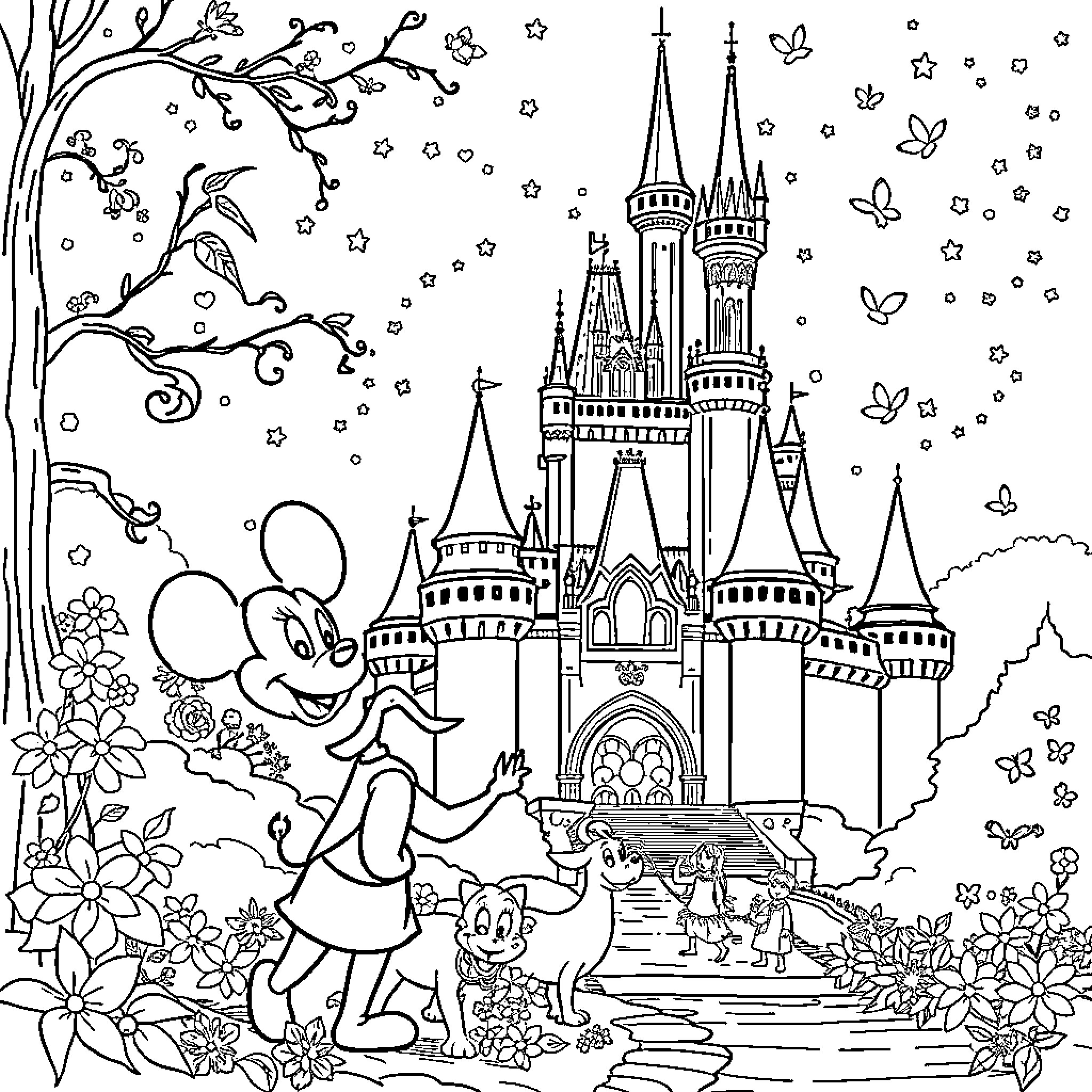 Disney's Magical Castle and Characters Illustration Coloring Page (free black-and-white line drawing printable PDF for all, from beginners to advanced learners, including children, teens, adults, and seniors)