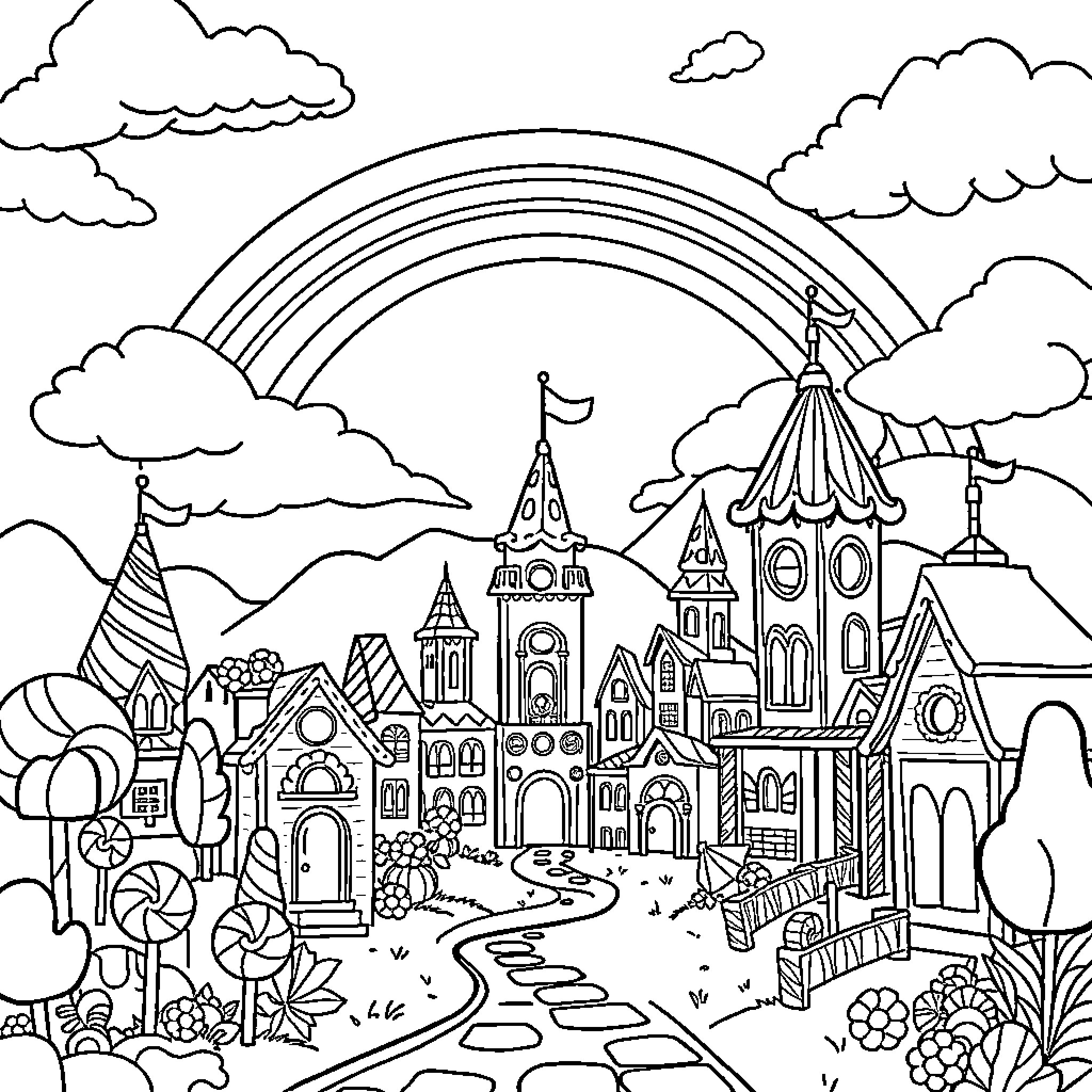 Candyland Whimsical Castle and Village with Rainbow Coloring Page (free black-and-white line drawing printable PDF for all, from beginners to advanced learners, including children, teens, adults, and seniors)